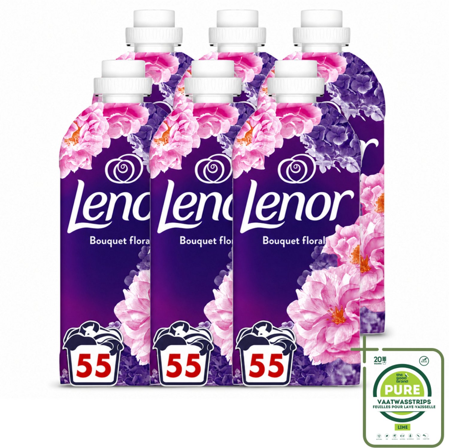 6 x Lenor - Wasverzachter - Bloemenboeket - Fris & Zacht - 55 Wasbeurten - Grootverpakking - Vaatwasstrips - Wasverzachter Bloemen - Frisse Geur - Ontspanning - Bloemige Geur - Saffraan
