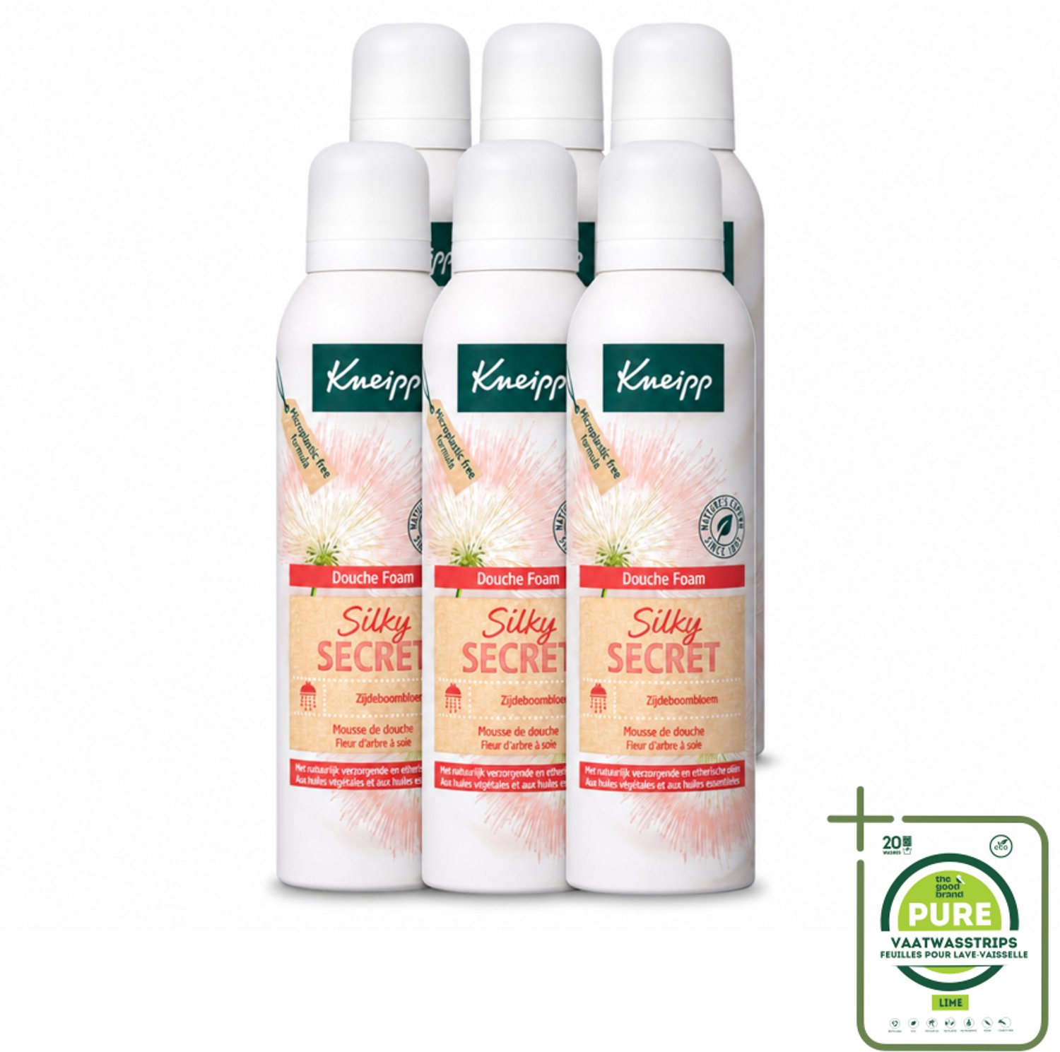 6 x Kneipp - Douche schuim - Silky Secret - Zijdeboombloesem - 200 ml - Grootverpakking - Vaatwasstrips - Douche Foam - Zijde - Bloemige Geur - Natuurlijke Melkproteïnen - Schuim