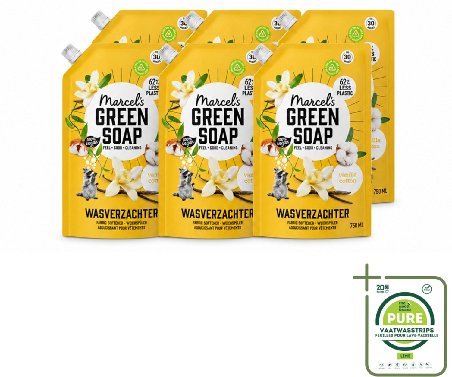 6 x Marcel's Green Soap - Wasverzachter - Navulling - Katoen & Vanille - Zachte frisheid- 30 Wasbeurten - 750 ml - Grootverpakking - Vaatwasstrips - Wasverzachter - Wasgoed Zachter Maken - Katoen Geur - Vanille Geur - Milieuvriendelijk Wasgoed