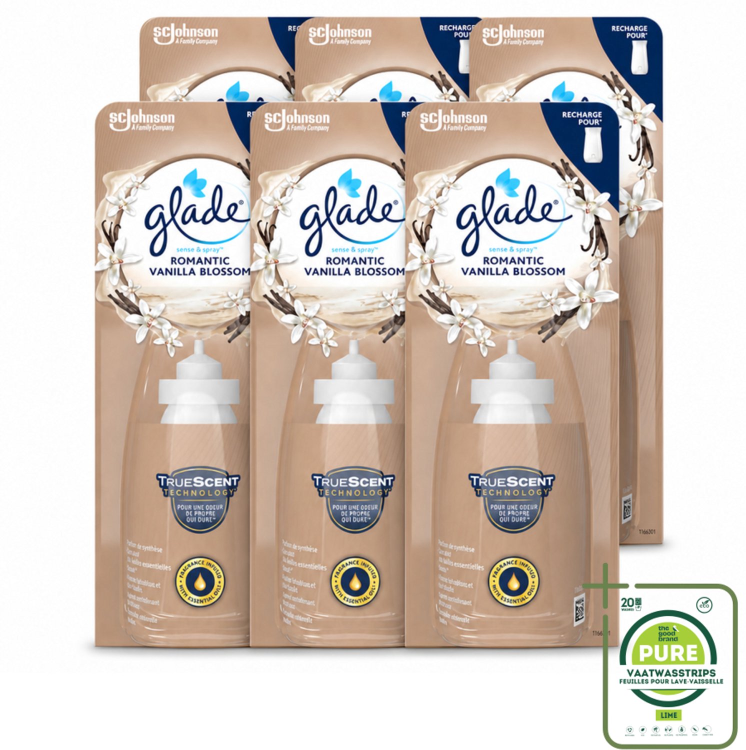 6 x Glade - Sense & Spray - Romantic Vanillebloesem - 18 ml - Grootverpakking - Vaatwasstrips - Romantische Geur - Geurafgifte - Bewegingssensor - Vanille - Orchidee