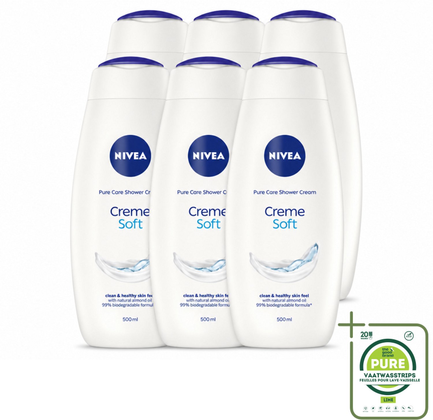 6 x NIVEA - Douchecrème - Zacht - Huidbeschermend - Amandelolie - 500 ml - Grootverpakking - Vaatwasstrips - Douchecrème - Huid Verzorgen - Amandelolie - Zijdezachte Huid - Hydratatie