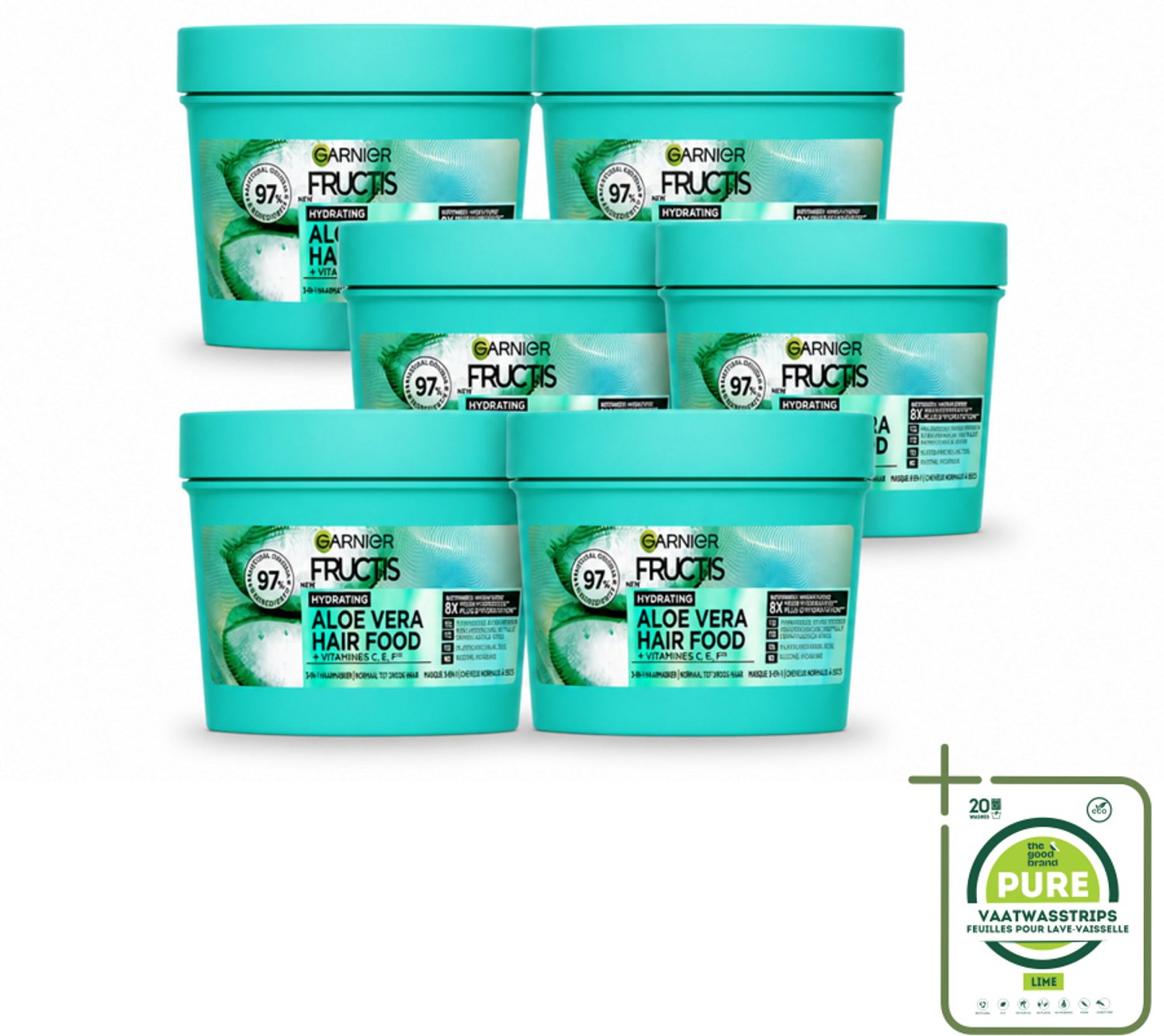 6 x Garnier - Fructis Hair Food Aloe Vera - 3-in-1 Haarmasker - Normaal tot Droog Haar - 400 ml - Grootverpakking - Vaatwasstrips - Haarmasker - Hydratatie - Haarverzorging - Aloe Vera - Normaal Haar