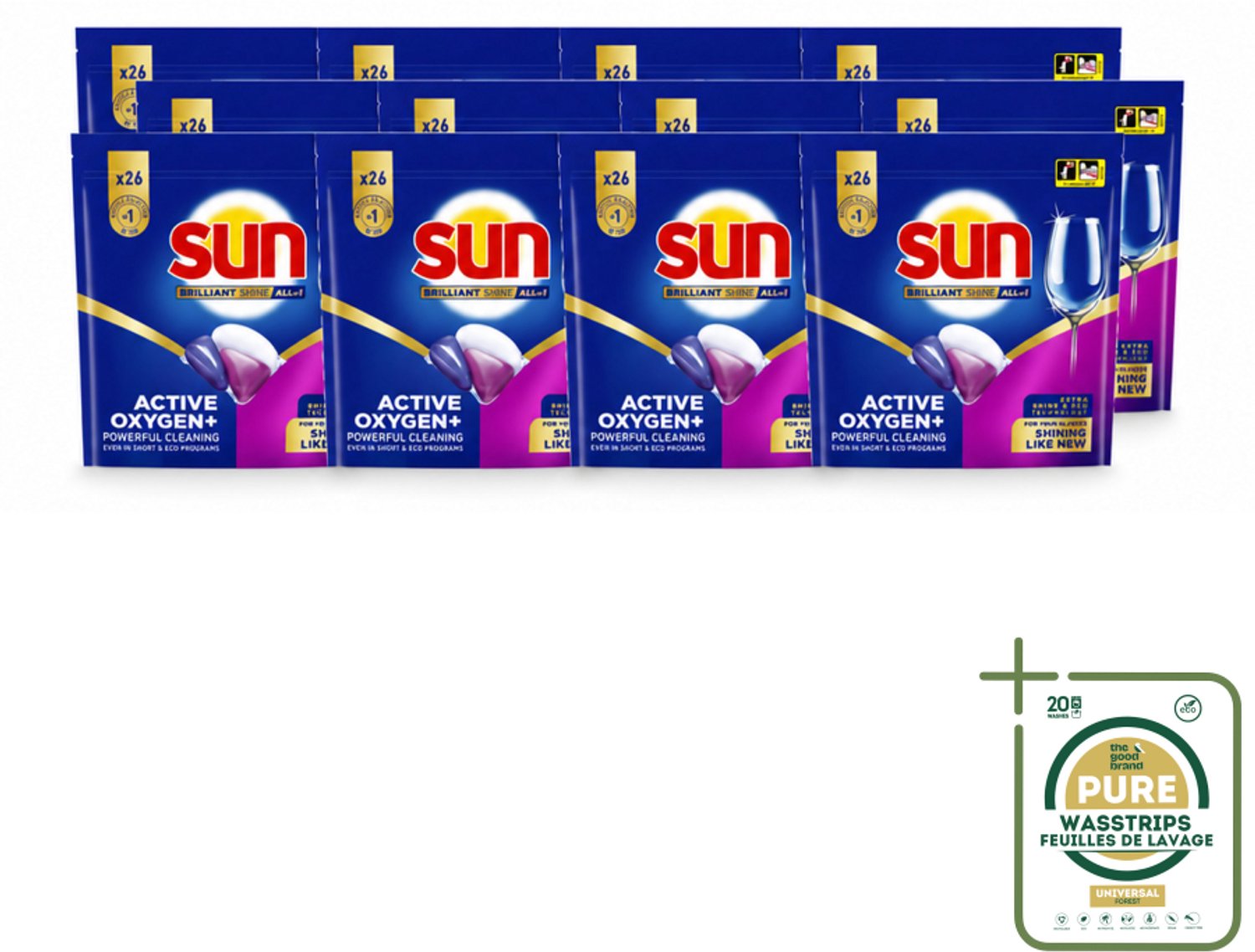 12 x Sun - Vaatwascapsules - Brilliant Shine All-in-1 - 26 capsules - Wasstrips - Vaatwasmiddel - Vaatwascapsules - Glans - Reiniging - Anti-kalk