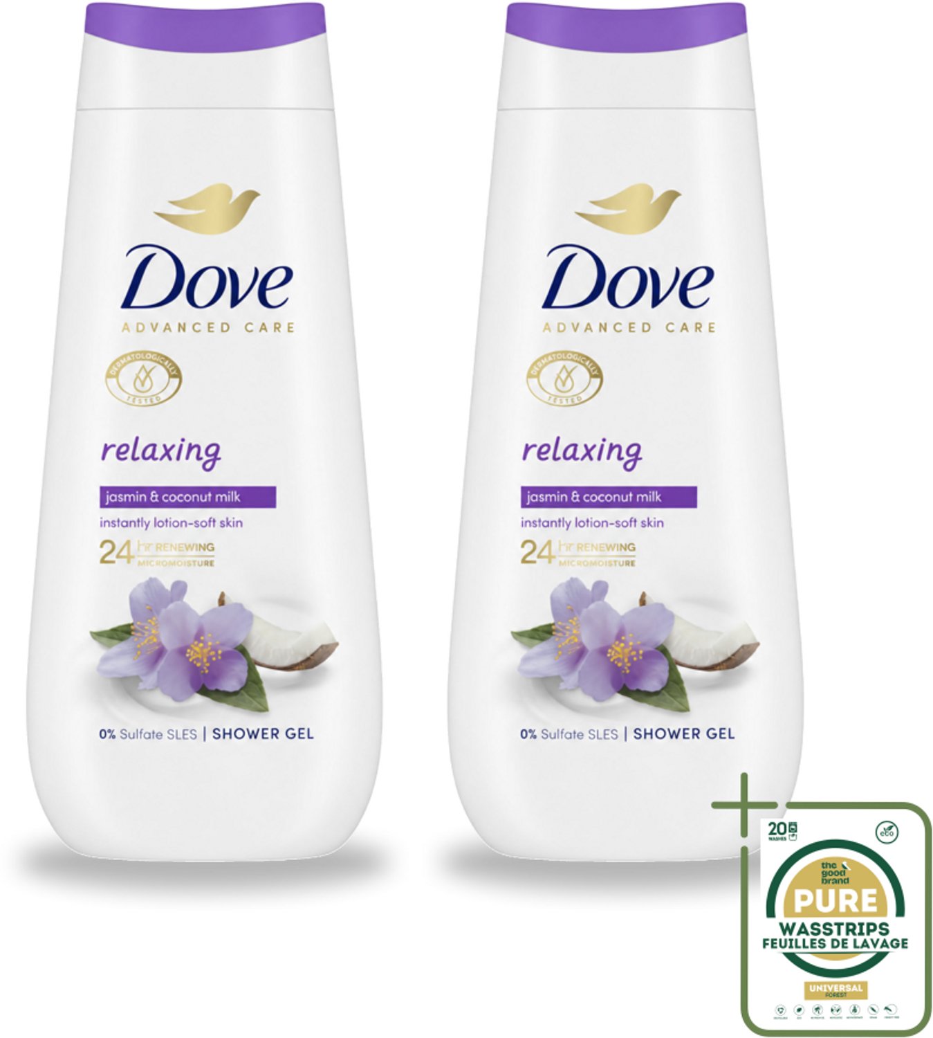 2 x Dove Douchecrème - Relaxing - Kokos & Jasmijn - 225 ml - Wasstrips - Douchegel - Hydraterende Douchegel - Ontspannende Douchegel - Jasmijn Geur - Kokosmelk Geur