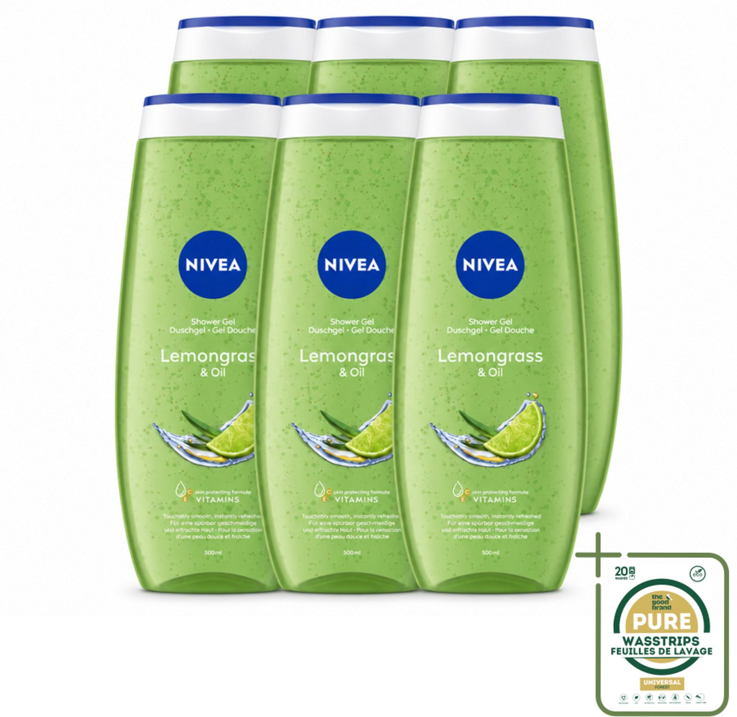 6 x NIVEA - Douchegel - Citroengras & Olieverzorging - Glad & Verfrissend Huidgevoel - 500 ml - Wasstrips - Douchegel Citroengras - Verzorging Huid - Frisse Geur - Natuurlijke Oliën - Zachte Reiniging