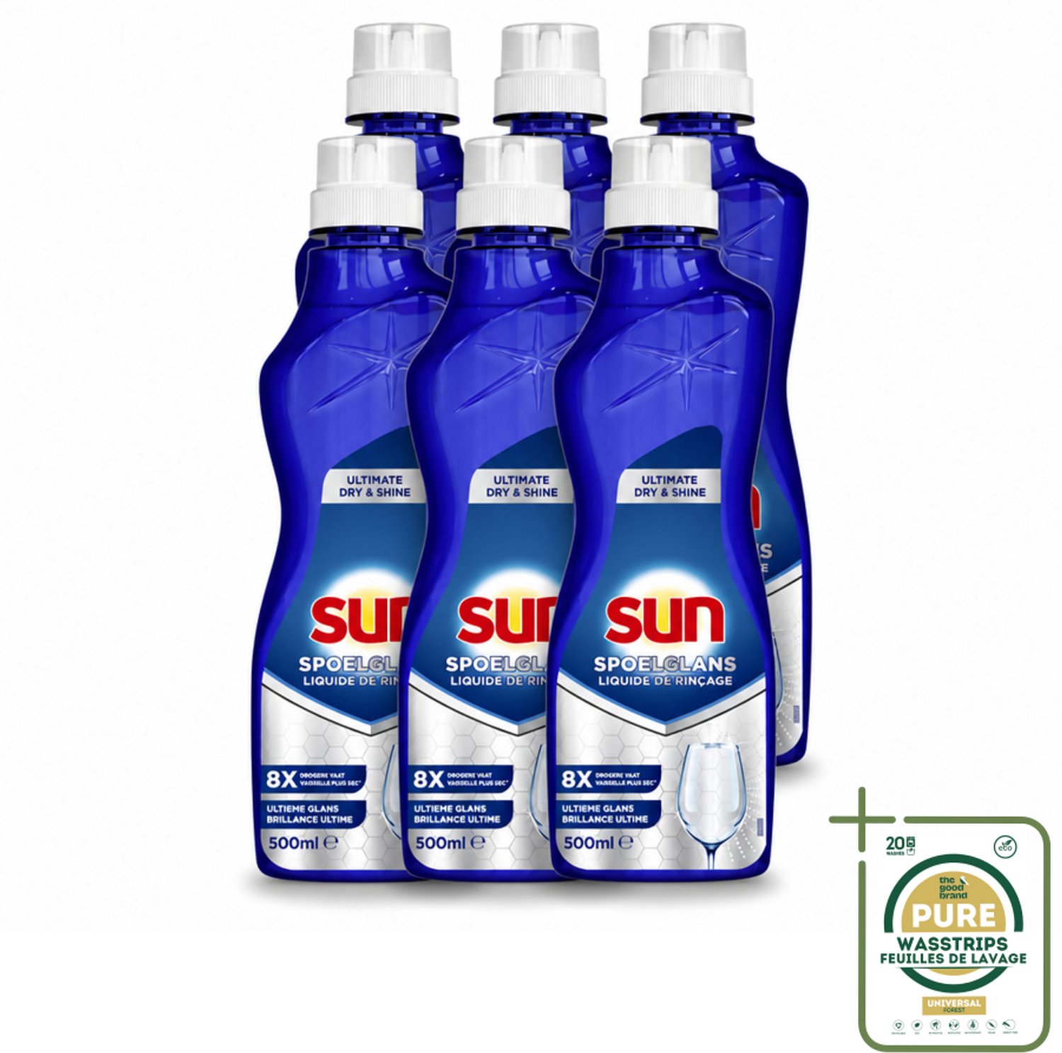 6 x Sun - Spoelglansmiddel - Dry & Shine - 500 ml - Wasstrips - Spoelglansmiddel - Vaatwasmiddel - Droge Vaat - Glanzende Vaat - Vaatwasser