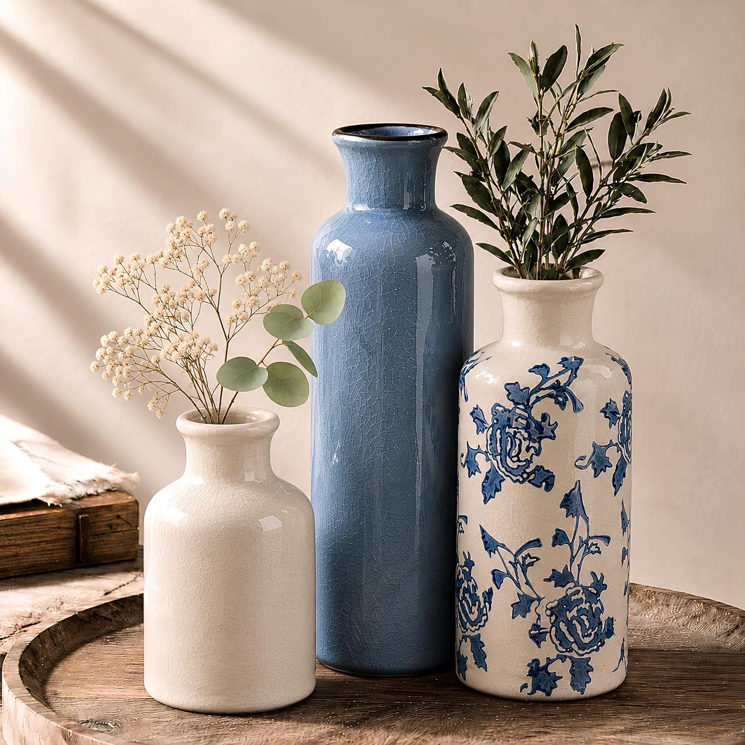 Winter Shore Vintage Keramische Vazen Set, Blauw & Wit (3 Stuks)