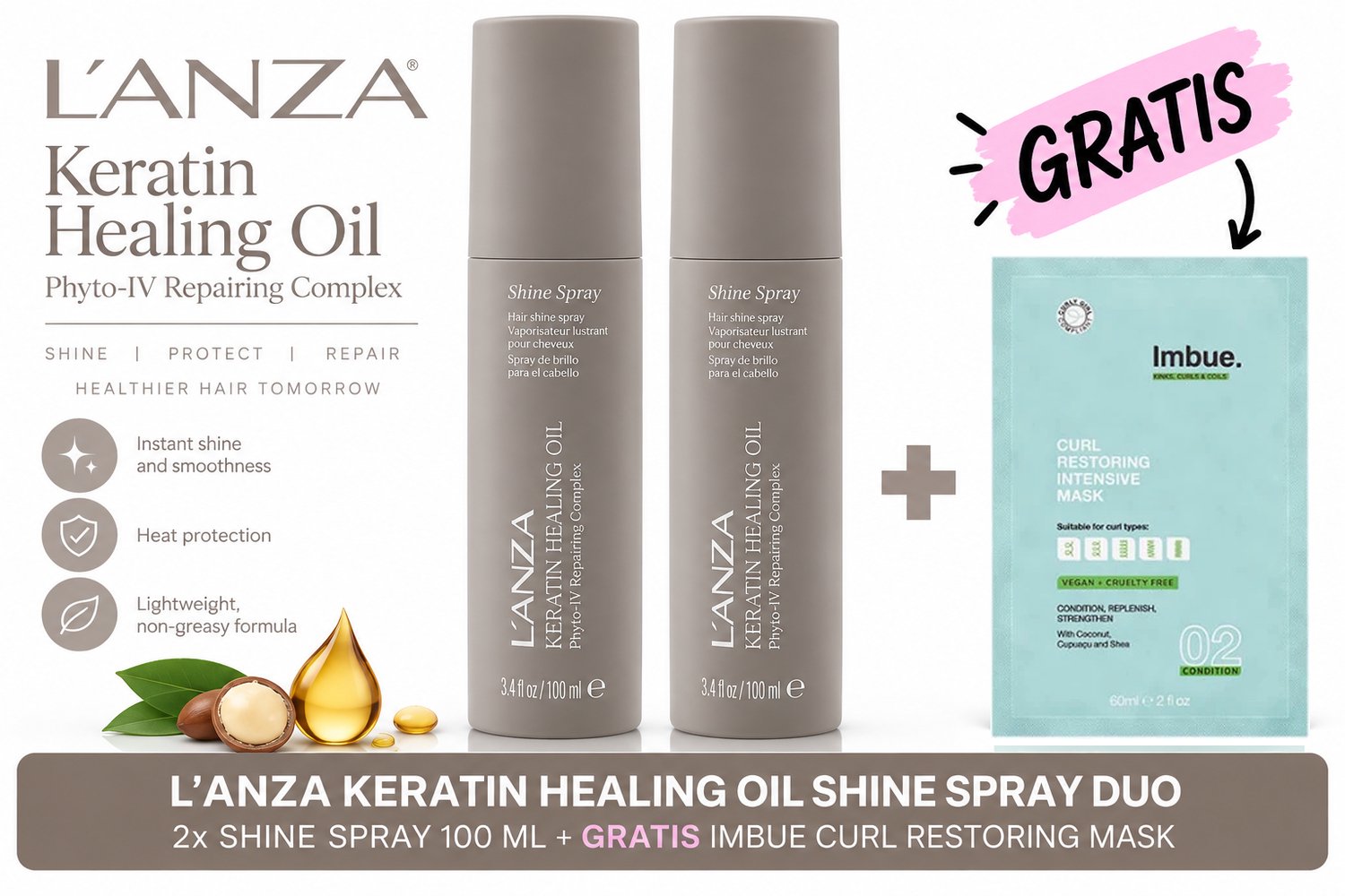 L’ANZA Keratin Healing Oil Shine Spray Duo + Gratis Imbue Masker