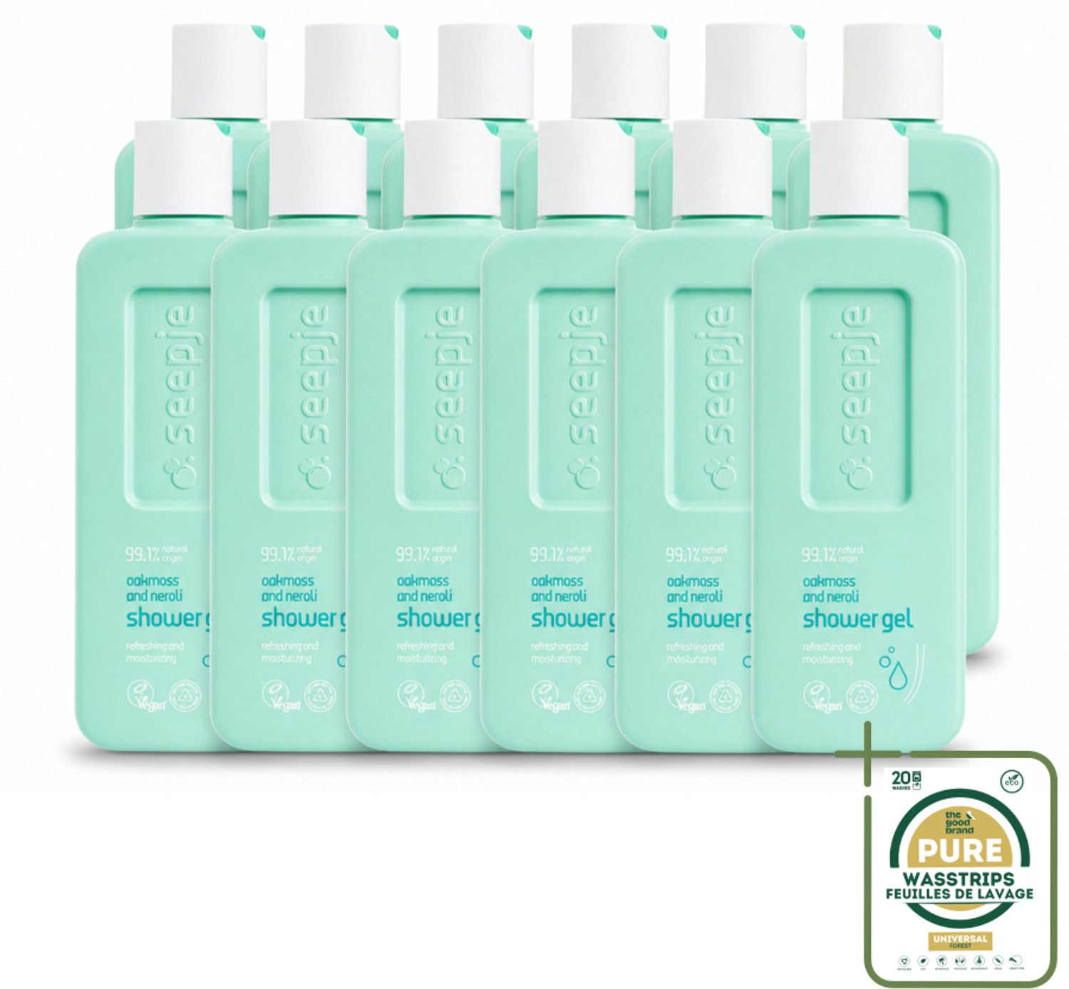 12 x Seepje - Douchegel - Hydraterend & Verfrissend - Eikenmos en Neroli - 300 ml - Wasstrips - Douchegel Eikenmos En Neroli - Natuurlijke Douchegel - Hydraatende Douchegel - Frisse Douchegel - Vegan Douchegel