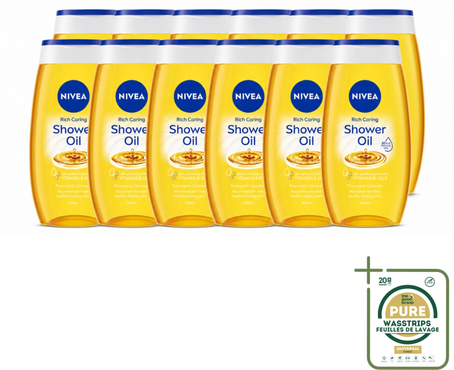12 x NIVEA - Doucheolie - Natuurlijke Doucheolie - 200 ml - Wasstrips - Doucheolie - Natuurlijke Doucheolie - Huid Verzorging - Zachte Huid - Hydraterende Olie