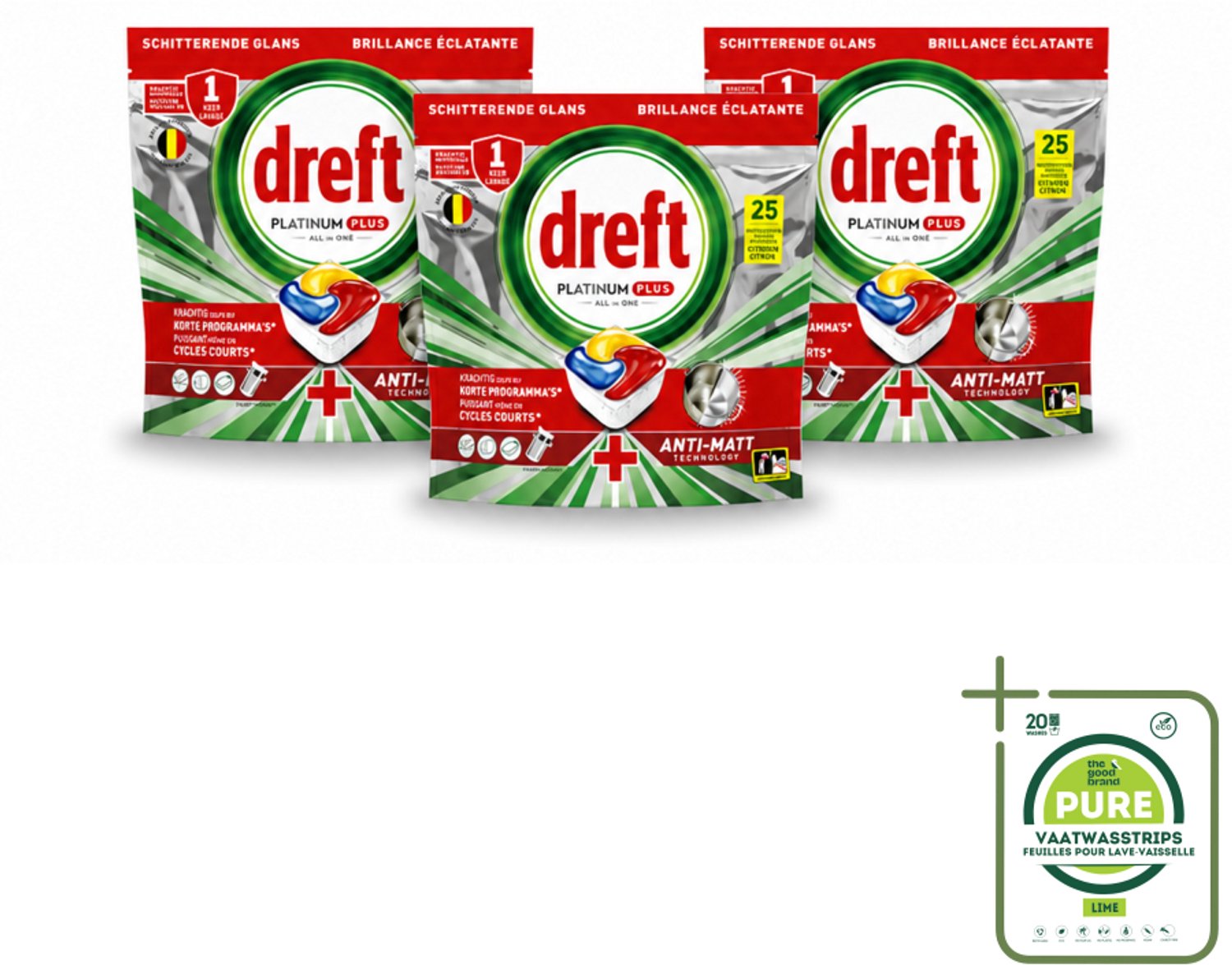 3 x Dreft - Vaatwastabletten - Platinum Plus All-in-One Citroen - Frisse geur - 25 Tabletten - Grootverpakking - Vaatwasstrips - Vaatwasmachine - Vaat Reinigen - Glans Herstellen - Anti-dofheid - Vaat Glans