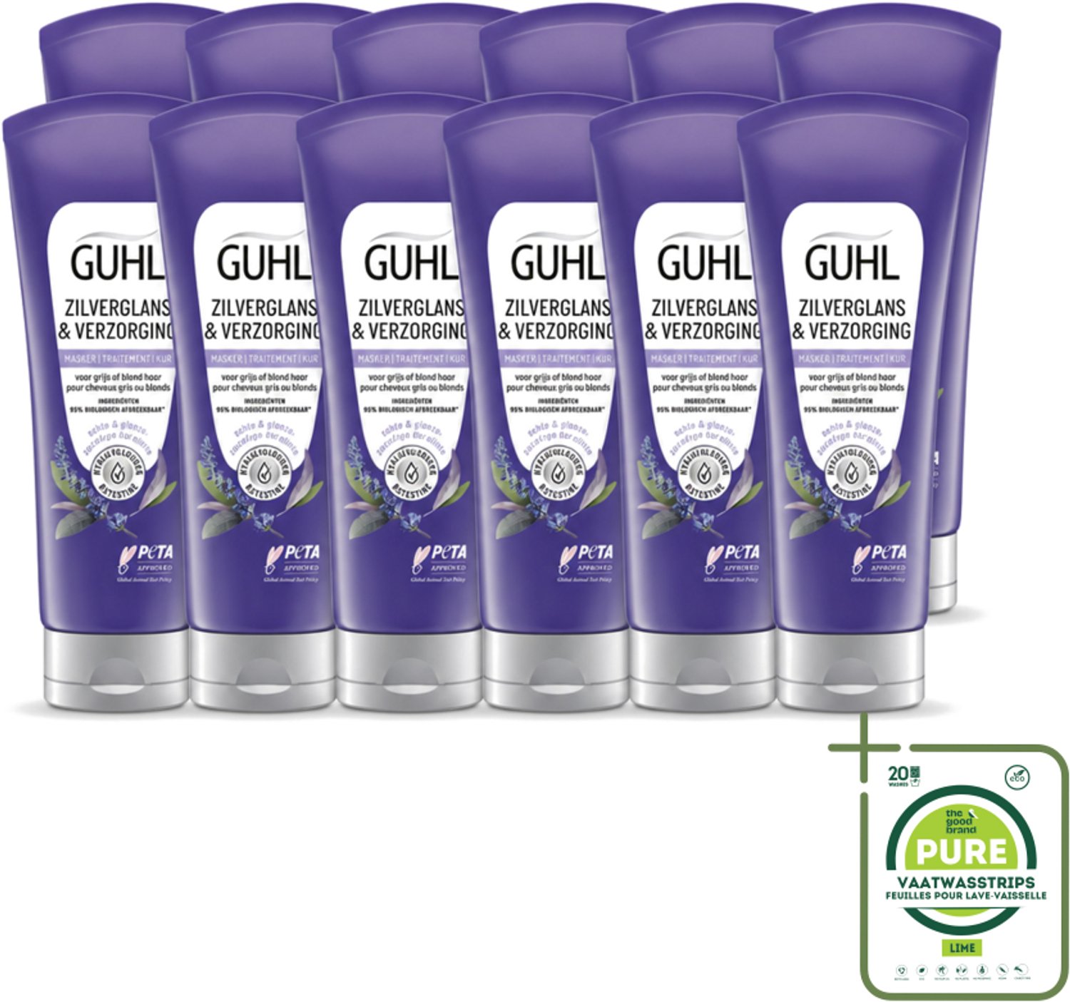 12 x Guhl - Haarmasker - Zilverglans & Verzorging Anti-Geel - 200 ml - Grootverpakking - Vaatwasstrips - Anti-geel Haarmasker - Geel Gloed Neutraliseren - Stralend Blond Haar - Grijs Haar Verzorgen - Haarkleur Opfrissen