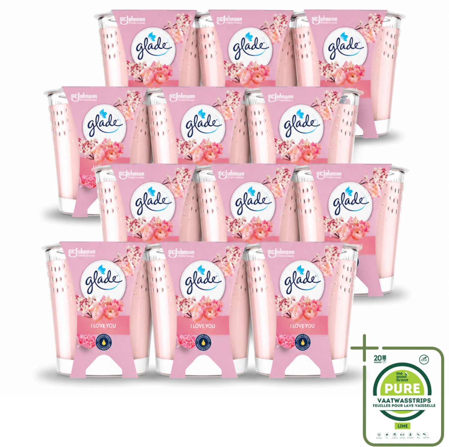 12 x Glade - Geurkaars I Love You - 100% Raapzaadwas & Vegan - 112 g - Grootverpakking - Vaatwasstrips - Geurkaars - Vegan - Bloemige Geur - Meloen - Perzik