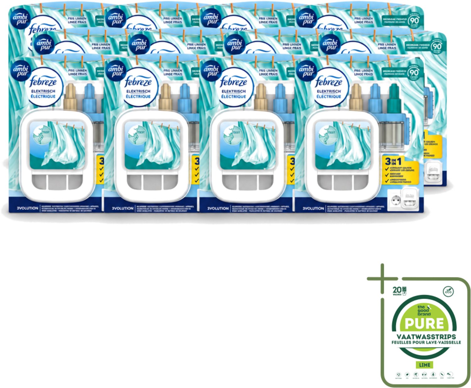 12 x Ambi Pur - 3Volution - Starterkit - Fresh Linnen - 20 ml - Grootverpakking - Vaatwasstrips - Geurwisseling - Frisse Linnengeur - Geurverspreiding - Geurbeleving - Automatische Geurwisseling