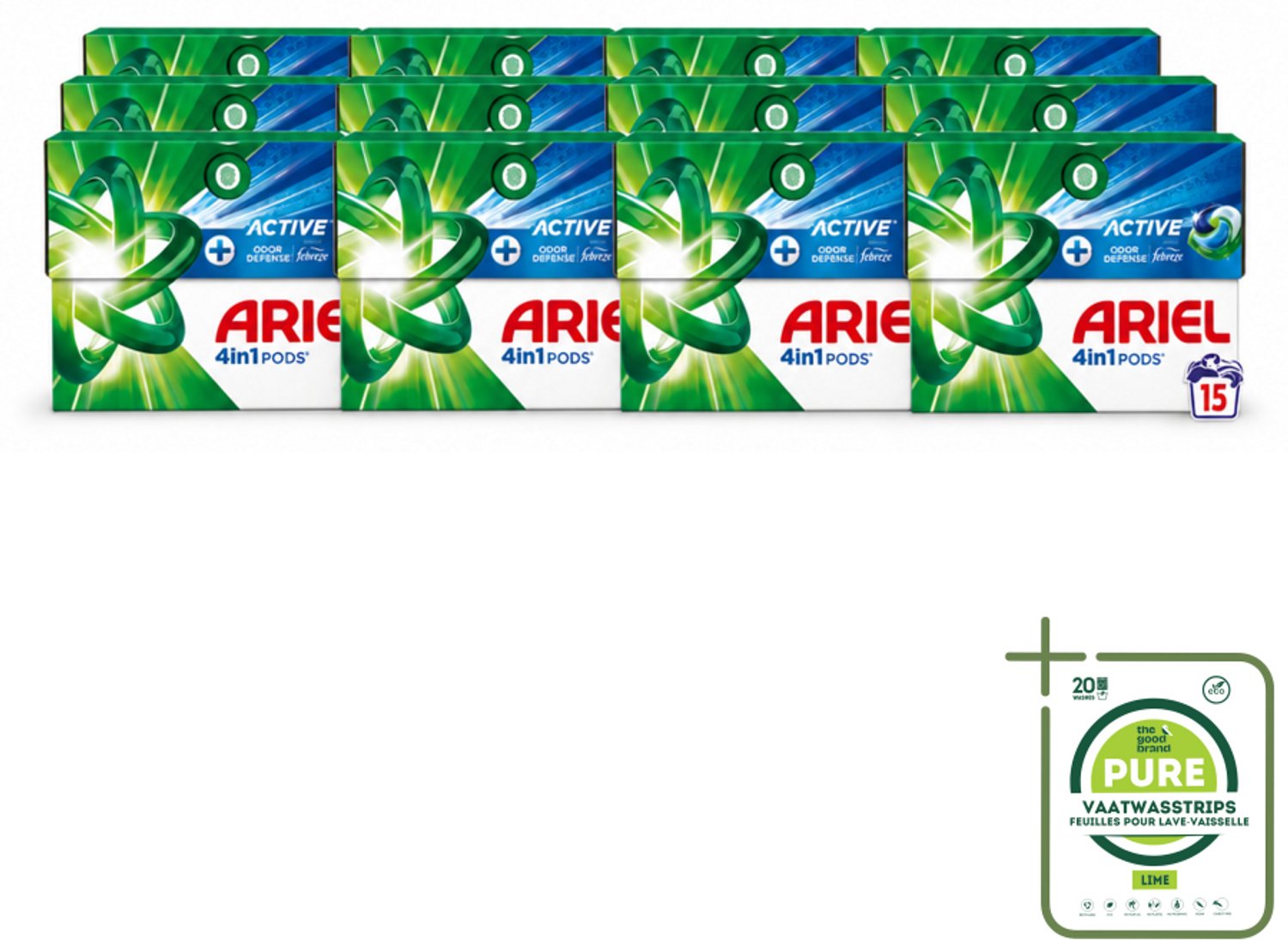 12 x Ariel - 4in1 Wasmiddel Pods - Actieve Geurbestrijding - 15 Pods - Grootverpakking - Vaatwasstrips - Wasmiddel Pod - Geurverzorging - Zweetgeuren Verwijderen - Frisheid - Wasmiddel Voor Kleding