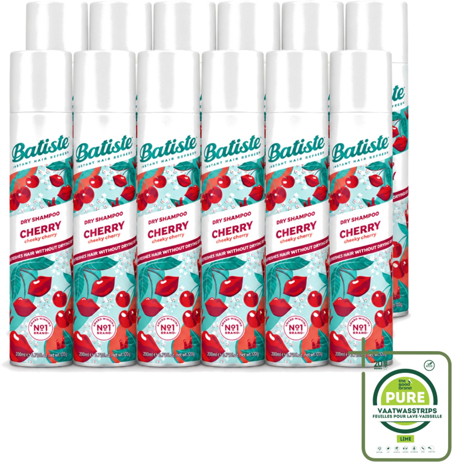 12 x Batiste - Cherry - Droogshampoo - Kersenbloesem Geur - Verfrist en Geeft Volume - 200ml - Grootverpakking - Vaatwasstrips - Droogshampoo - Kersengeur - Haar Opfrissen - Haar Frisheid - Haar Volume