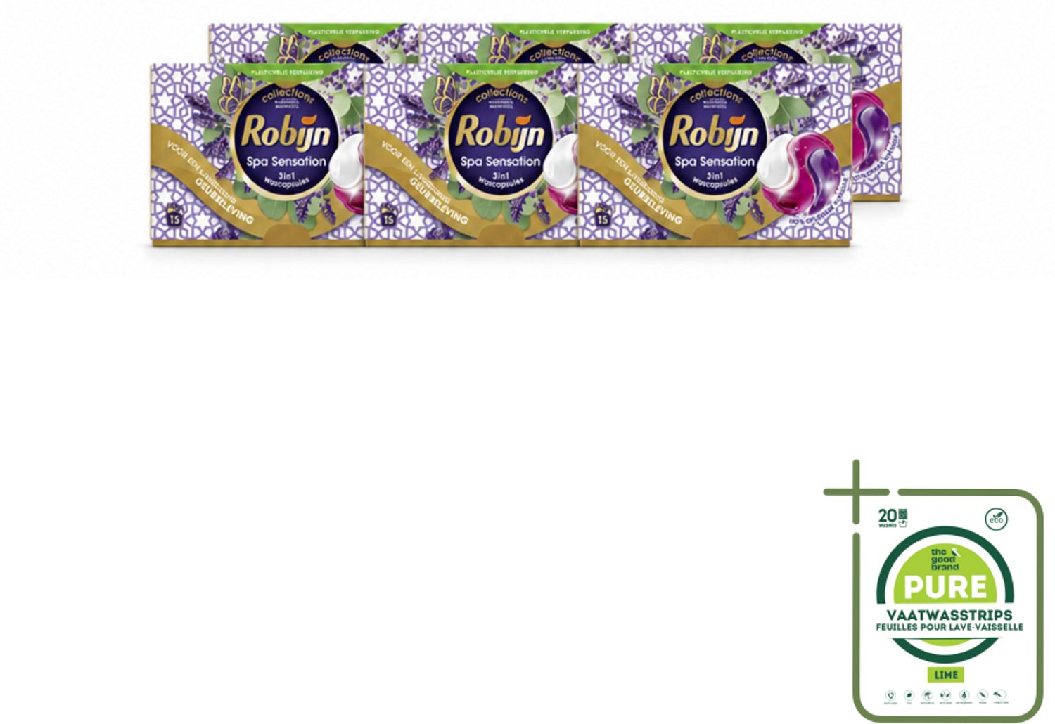 6 x Robijn - 3-in-1 Spa Sensation - Wascapsules - 15 Wasbeurten - Grootverpakking - Vaatwasstrips - Wascapsules - Wasmiddel - Geur - Kleurbehoud - Wasverzachter