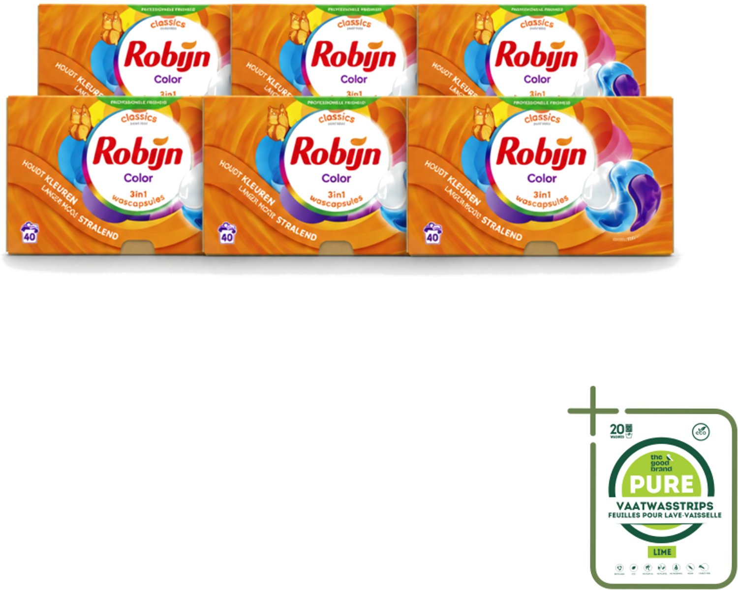 6 x Robijn - 3-in-1 Color - Wascapsules - 40 Wasbeurten - Grootverpakking - Vaatwasstrips - Wascapsules - Kleur - Wasverzachter - Wasmachine - Waskracht