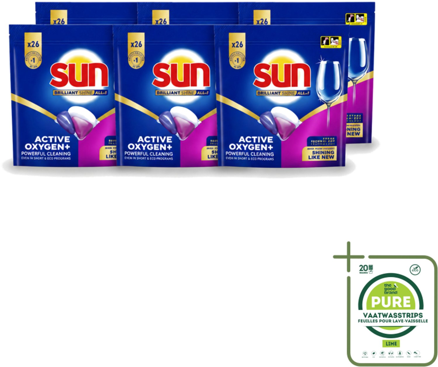6 x Sun - Vaatwascapsules - Brilliant Shine All-in-1 - 26 capsules - Grootverpakking - Vaatwasstrips - Vaatwasmiddel - Vaatwascapsule - Glans - Reiniging - Anti-kalk