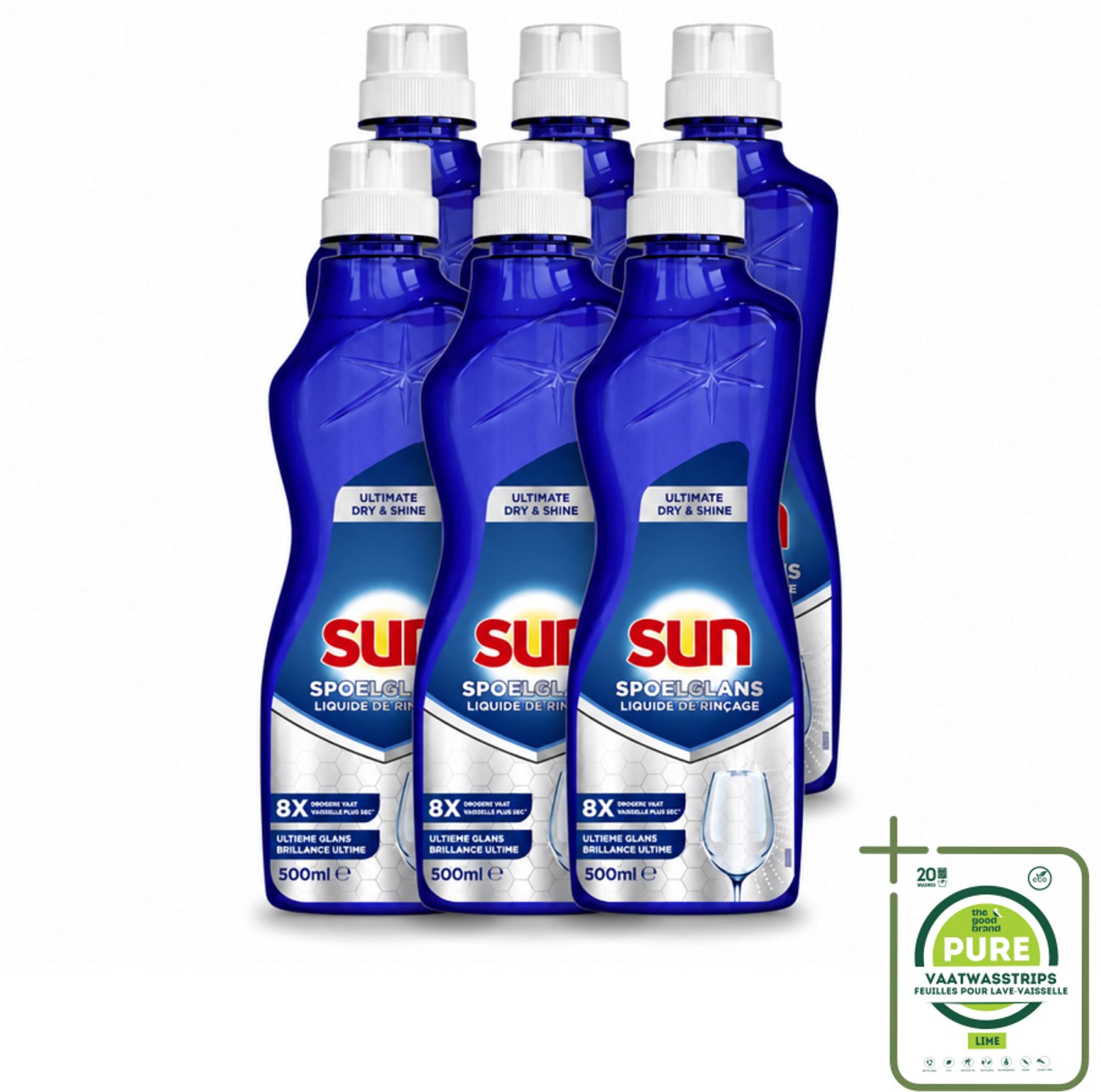 6 x Sun - Spoelglansmiddel - Dry & Shine - 500 ml - Grootverpakking - Vaatwasstrips - Spoelglansmiddel - Vaatwasser - Droog Resultaat - Glans Behoud - Vaat Drogen