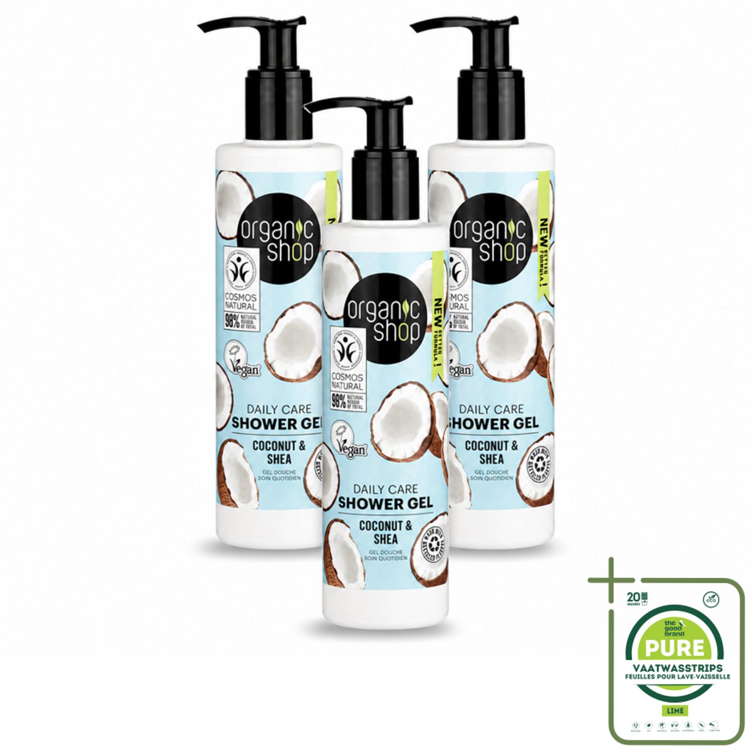 3 x Organic Shop - Daily Care Coconut & Shea Shower Gel - Hydratatie & Verzorging - 280 ml - Grootverpakking - Vaatwasstrips - Douchegel - Natuurlijke Douchegel - Hydraterende Douchegel - Biologische Douchegel - Tangerine Douchegel