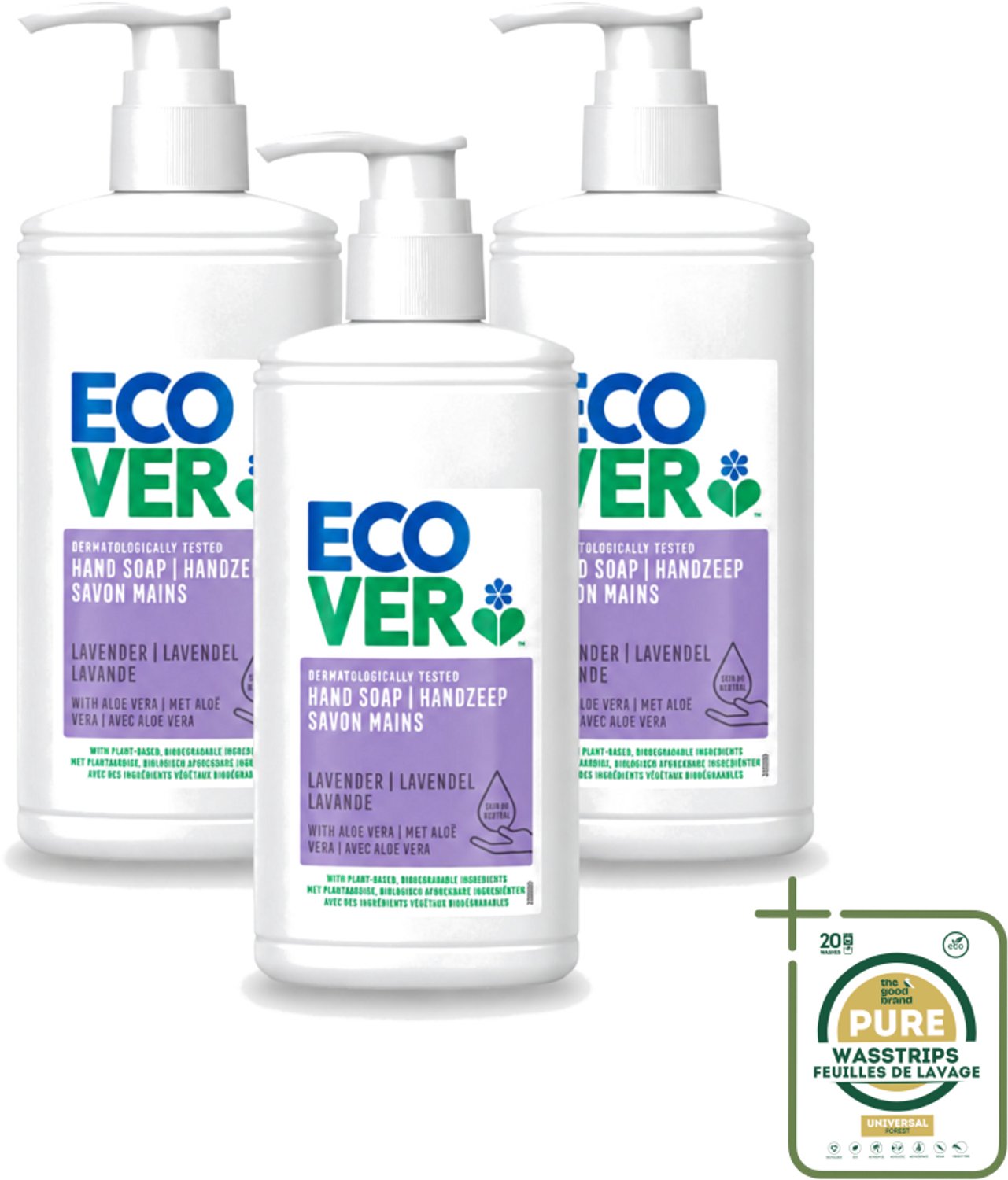 3 x Ecover - Handzeep - Lavendel & Aloë Vera - 250 ml - Wasstrips - Handzeep Lavendel Aloë Vera - Handzeep 250 Ml - Handzeep Voor Gevoelige Huid - Natuurlijke Handzeep - Handzeep Dermatologisch Getest