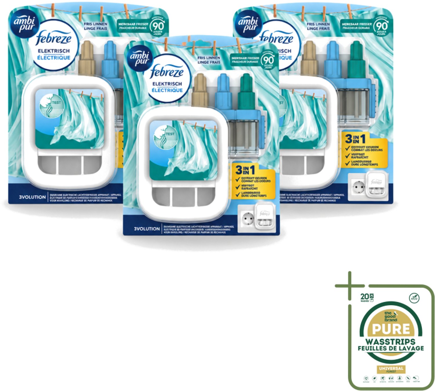 3 x Ambi Pur - 3Volution - Starterkit - Fresh Linnen - 20 ml - Wasstrips - Luchtverfrisser - Geurwisseltechnologie - Fris Geur - Geurverspreiding - Geurautomatisch