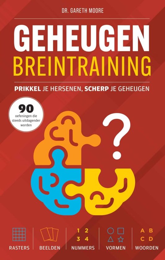 Boekomslag 'Geheugen Breintraining' met gekleurd brein-puzzelstukontwerp op een rode achtergrond.