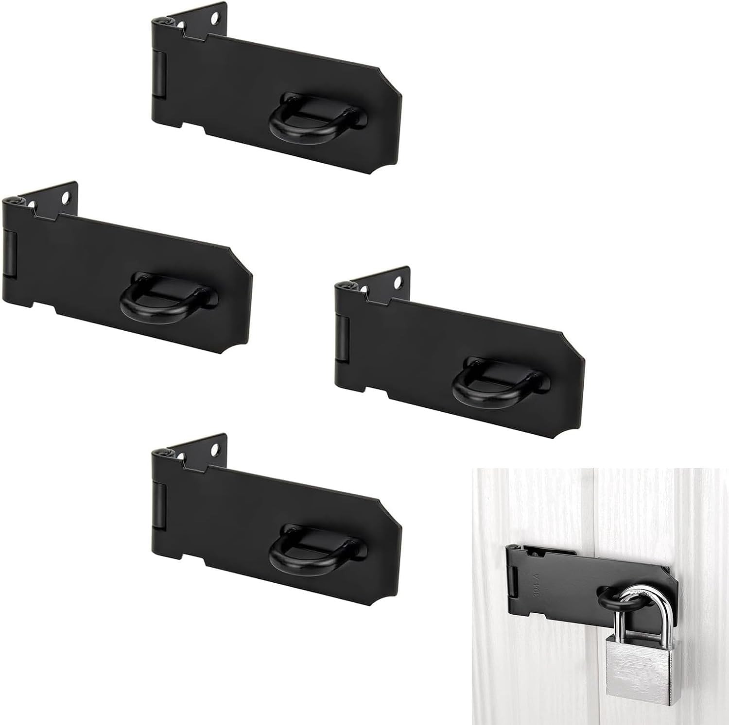 Set van 4 Stuks 3 Inch RVS Hangsloten met Zwarte Bevestigingsbeugel, Geschikt voor Tuindeuren, Kasten en Lades, Eenvoudig te Installeren