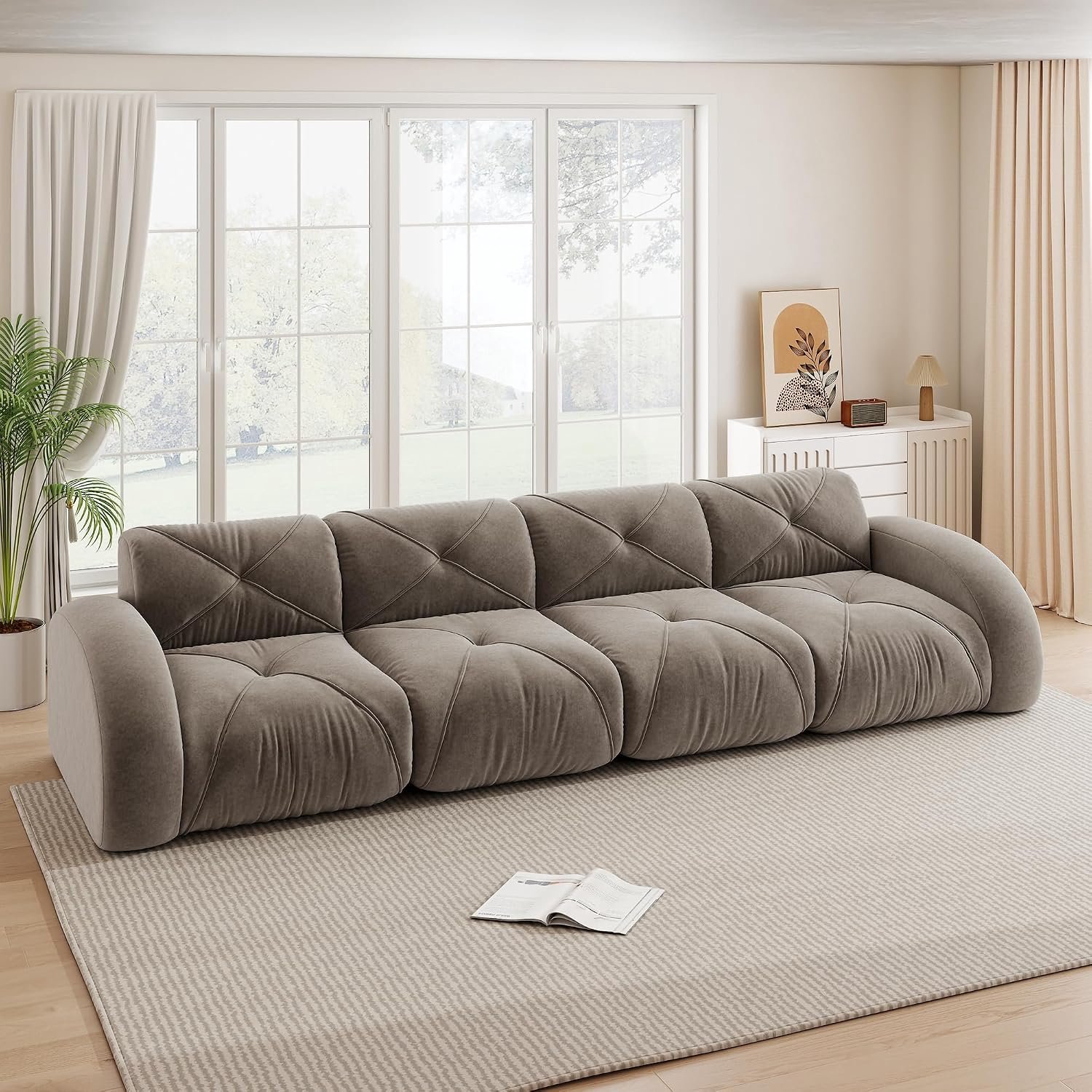 Frameloze 4-zits modulaire bank, extra grote wolkensofa van chenille, zachte loungesofa, antislip, flexibel te combineren, geen montage, woonkamer bruin