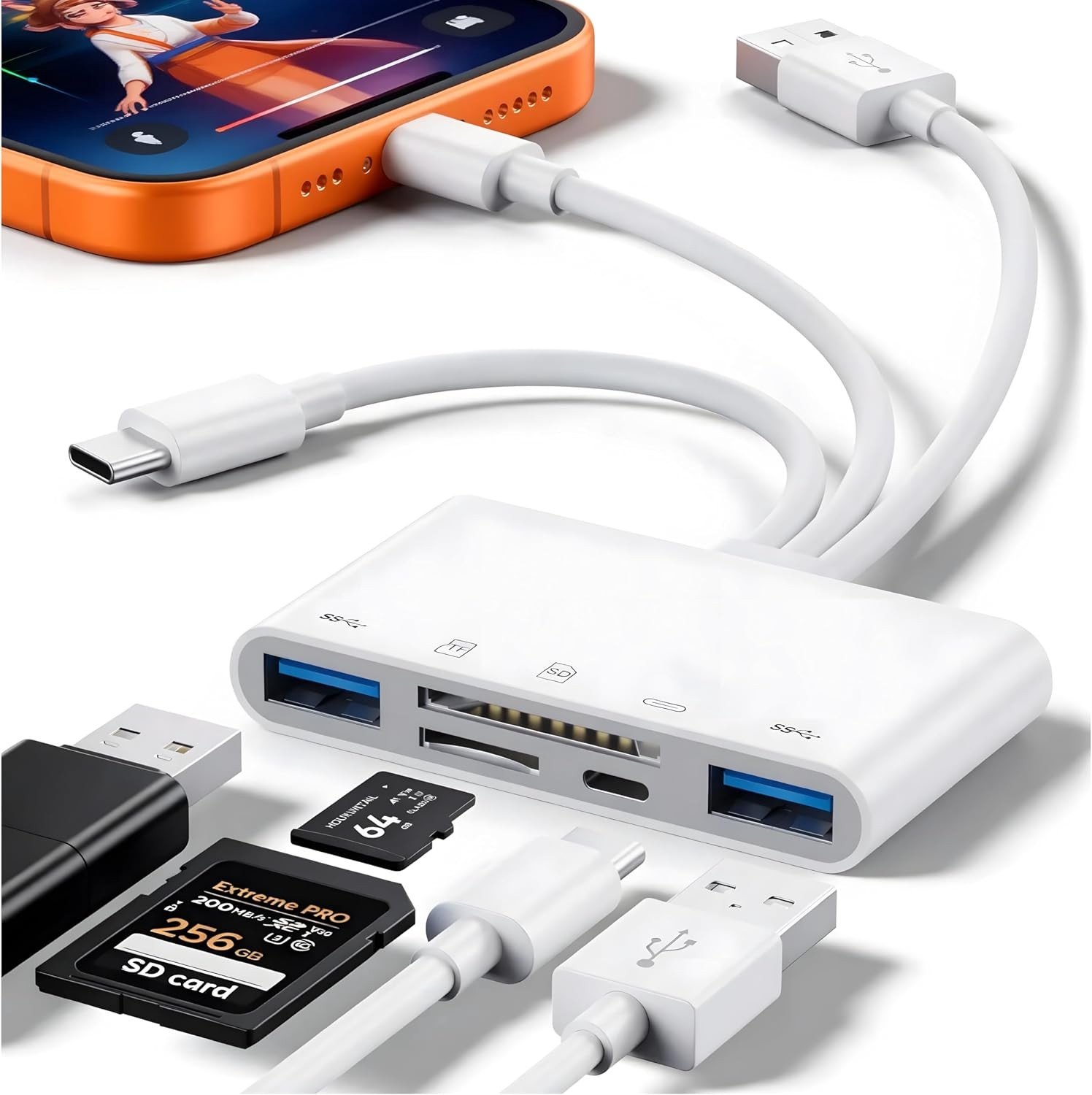 Multifunctionele SD-kaartlezer met adapters voor iPhone en USB-C – ideaal voor snelle bestandsoverdracht en externe opslagoplossingen