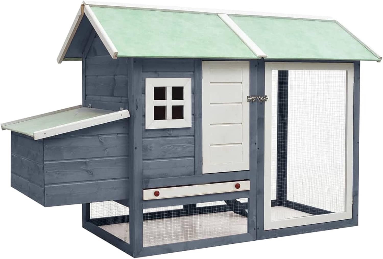Kippenkooi, grijs, 170 x 81 x 110 cm, massief grenen- en dennenhout, voor buiten, konijnenhok, kippenhok met ventilatiedeur, afneembaar dienblad en oprit, kippennestkast