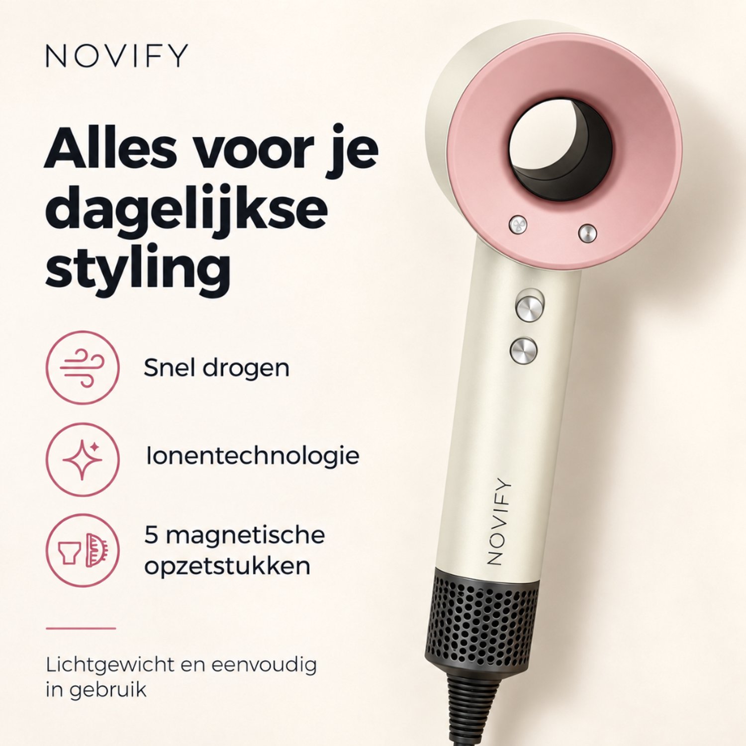 NOVIFY® Fohn - Fohnborstel - Haardroger met 5 opzetstukken - Fohn met Diffuser - 1500W - Rose Cream - 2025 thumbnail 2