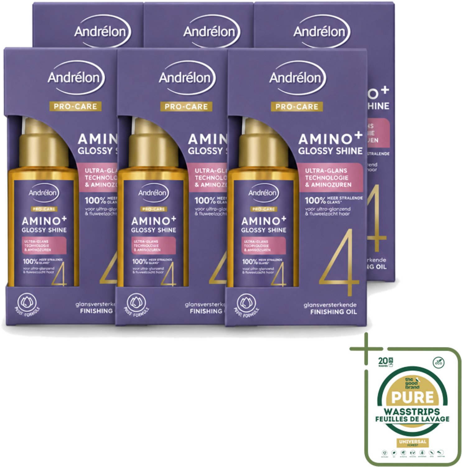 6 x Andrélon – Finishing Oil – Pro Care Amino+ Glossy Shine – 50 ml - Wasstrips - Haarverzorging - Haaroppervlak - Glans - Haarpunten - Pluiscontrole