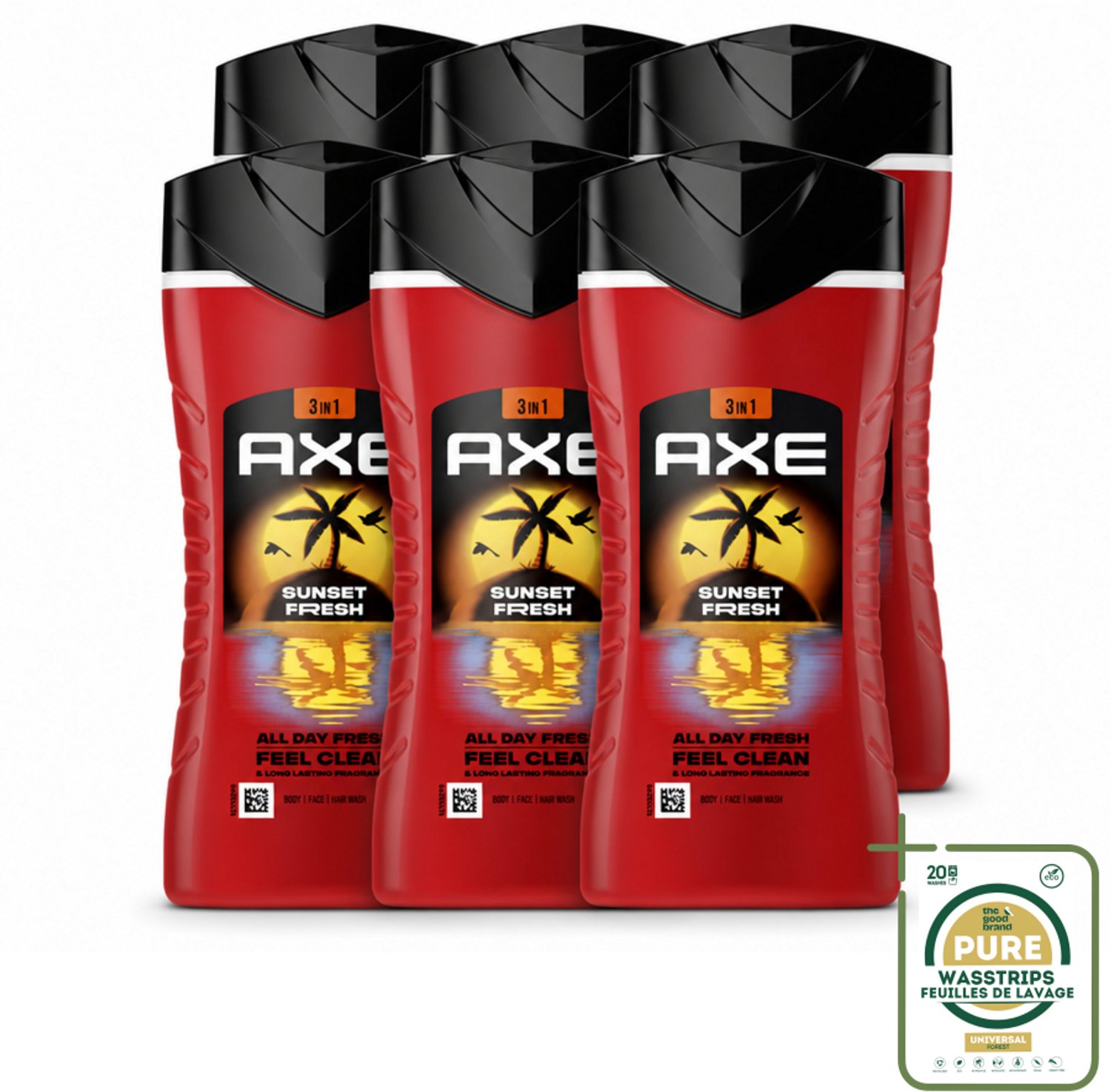 6 x Axe – Douchegel 3-in-1 – Sunset Fresh – 250 ml - Wasstrips - Douchegel - Lichaam Verzorging - Gezicht Verzorging - Haar Verzorging - Frisheid