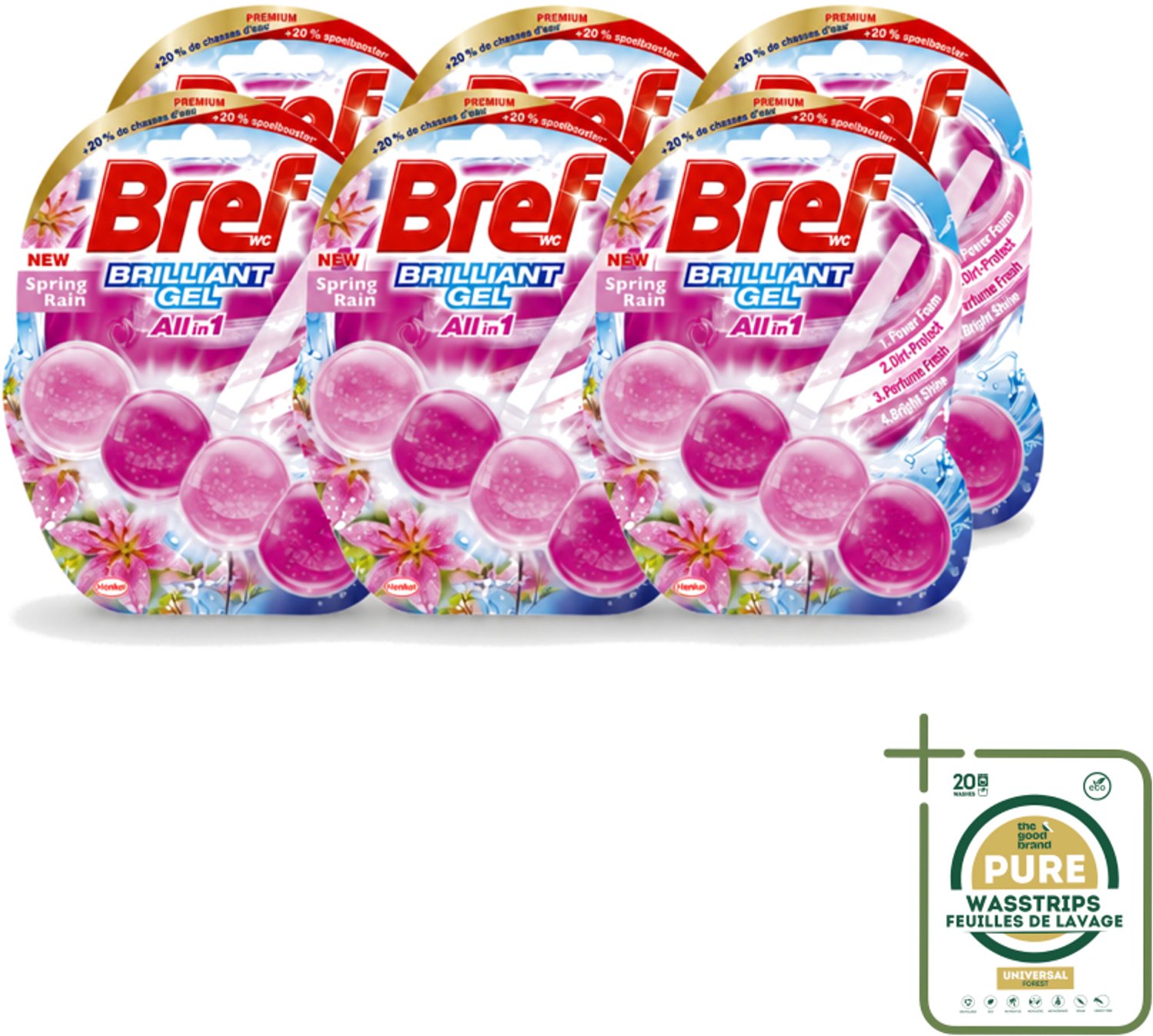 6 x Bref - Toiletblok - Brilliant Gel - Spring Rain - 42g - Wasstrips - Toiletblok - Toilet Reinigen - Toilet Fris - Toilet Glans - Toilet Hygiëne