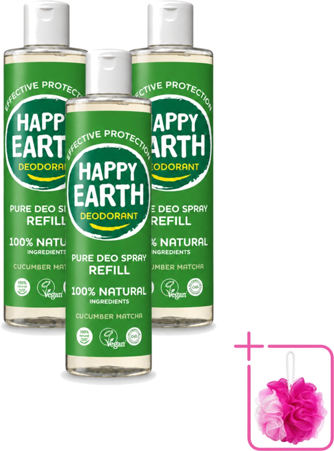 3 x Happy Earth – Deodorant Spray Navulling – 100% Natuurlijk Cucumber Matcha – 300 ml - Bulkverpakking - Deodorant - Frisheid