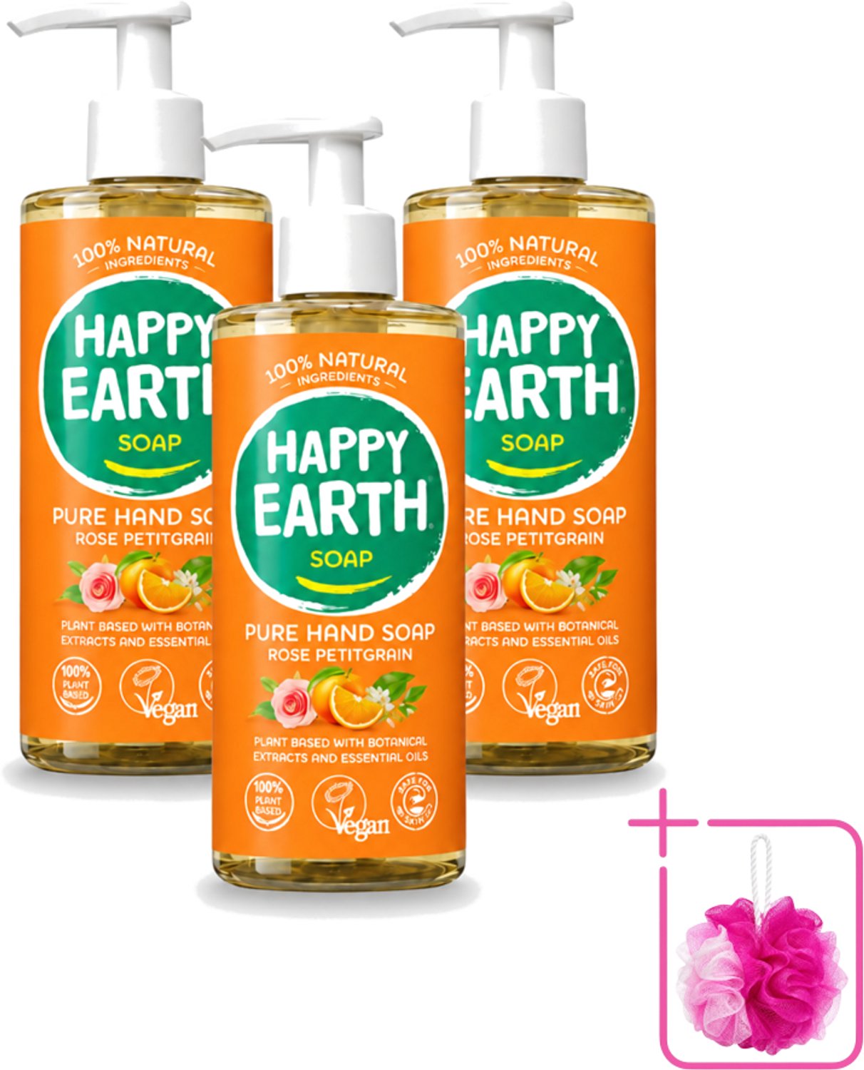 3 x Happy Earth – Handzeep – 100% Natuurlijk Rose Petitgrain – 300 ml - Bulkverpakking - Natuurlijke handzeep - Douchemop - Vegan handzeep