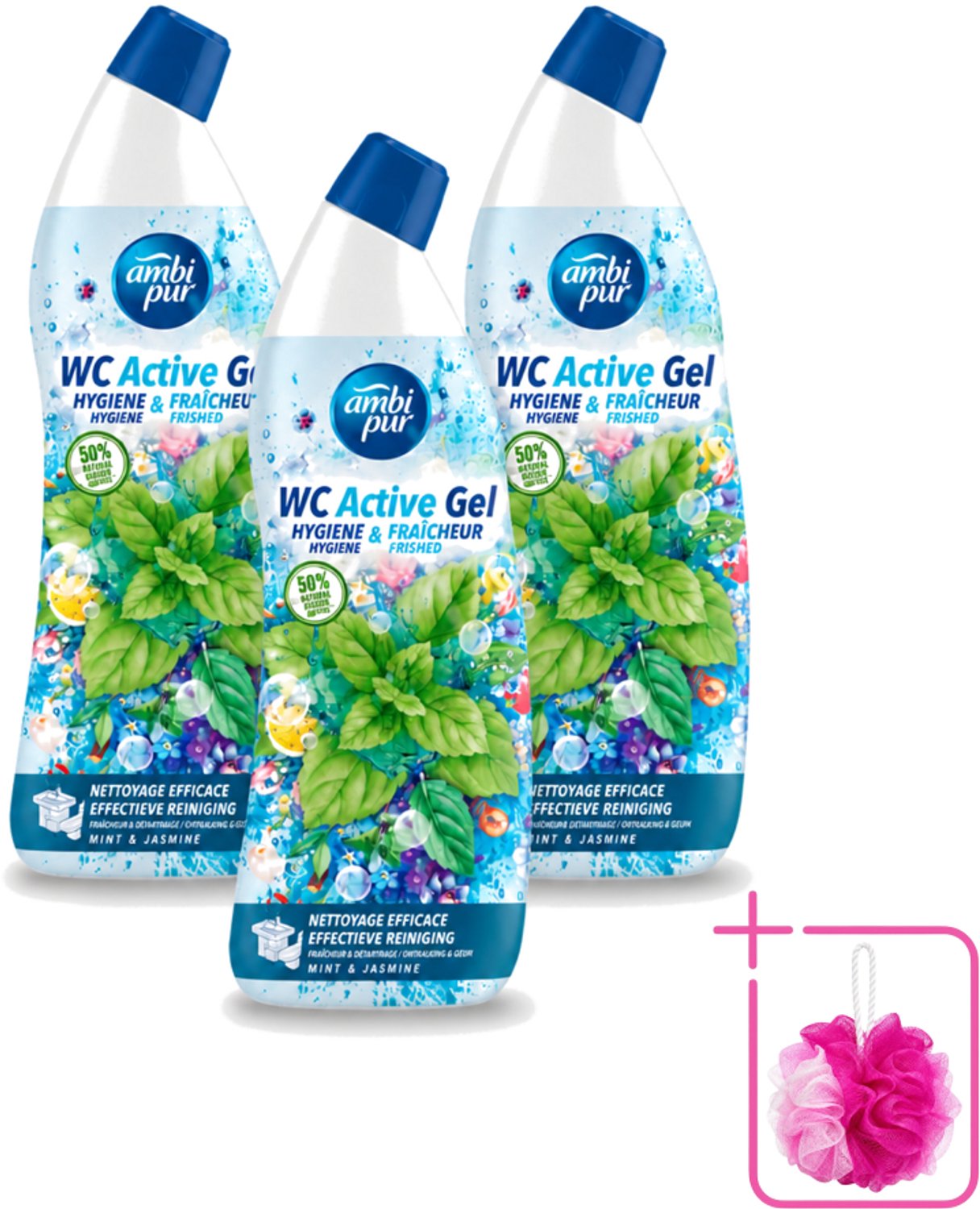 3 x Ambi Pur - Toiletreiniger - WC Active Gel - Mint & Jasmijn - 750 ml - Bulkverpakking - Toiletreiniger - Douchemop - Wc reinigen