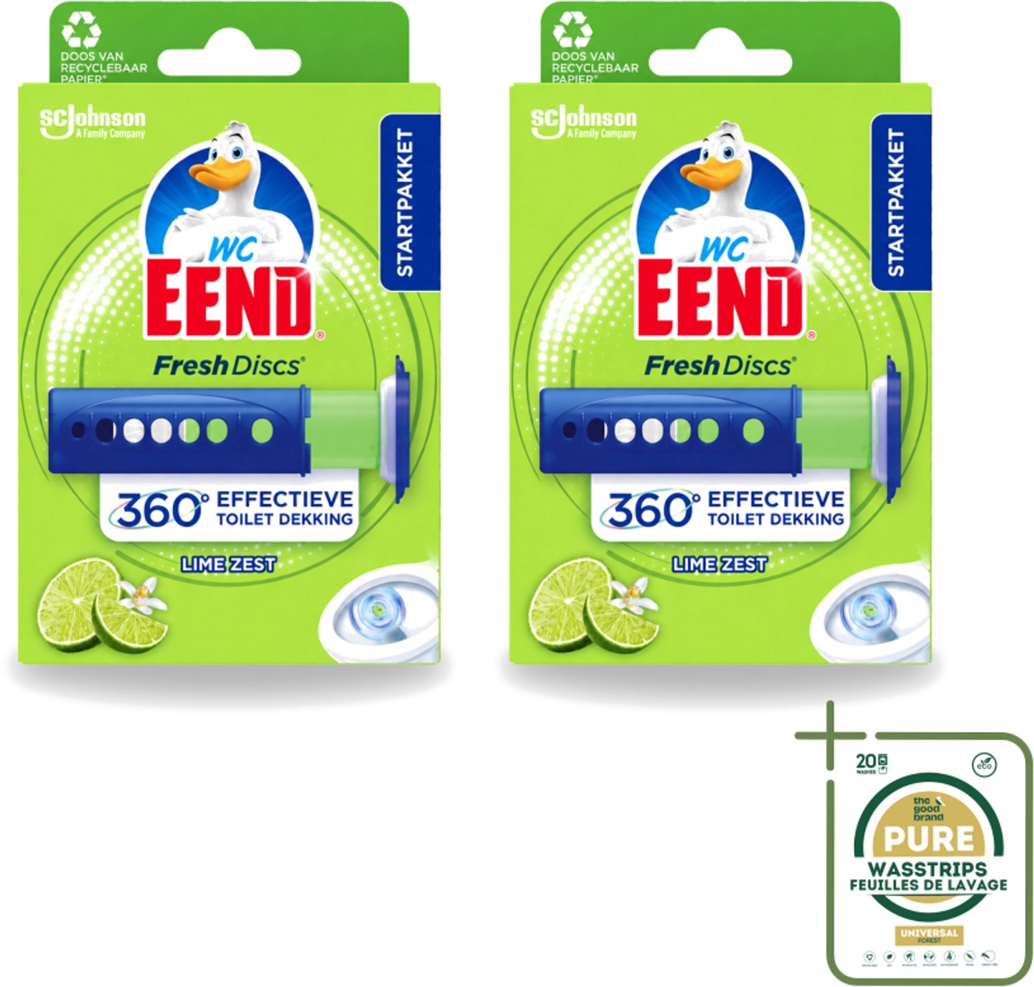 2 x WC Eend - Fresh Discs Lime Zest - Toiletgel - Hygiënisch & Fris tot 7,5 Weken - 36 ml - Wasstrips - Toiletgel - Toilet Reinigen - Toilet Hygiëne - Toilet Fris - Toiletgeur