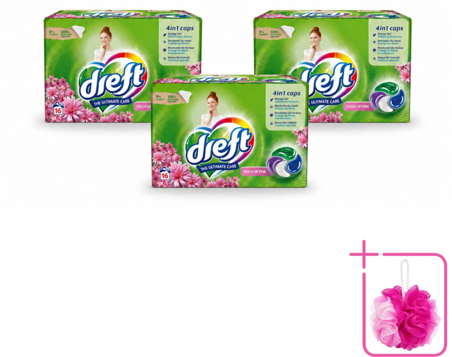 3 x Dreft - Wasmiddelcapsules - Touch of Pink - Geurige verzorging - 16 Wasbeurten - Bulkverpakking - Wasmiddel - Douchemop - Wasmiddelcapsule