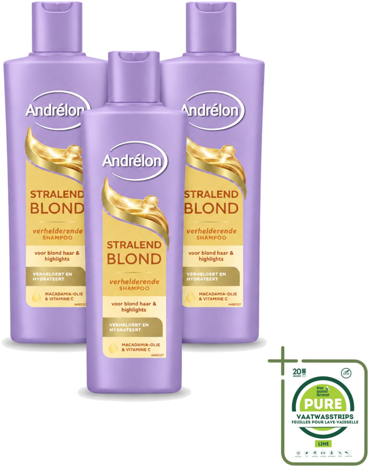 3 x Andrélon – Shampoo – Stralend Blond – 250 ml - Grootverpakking - Vaatwasstrips - Blond Haar - Glans - Highlights - Stralend Blond Haar - Blonde Kleur