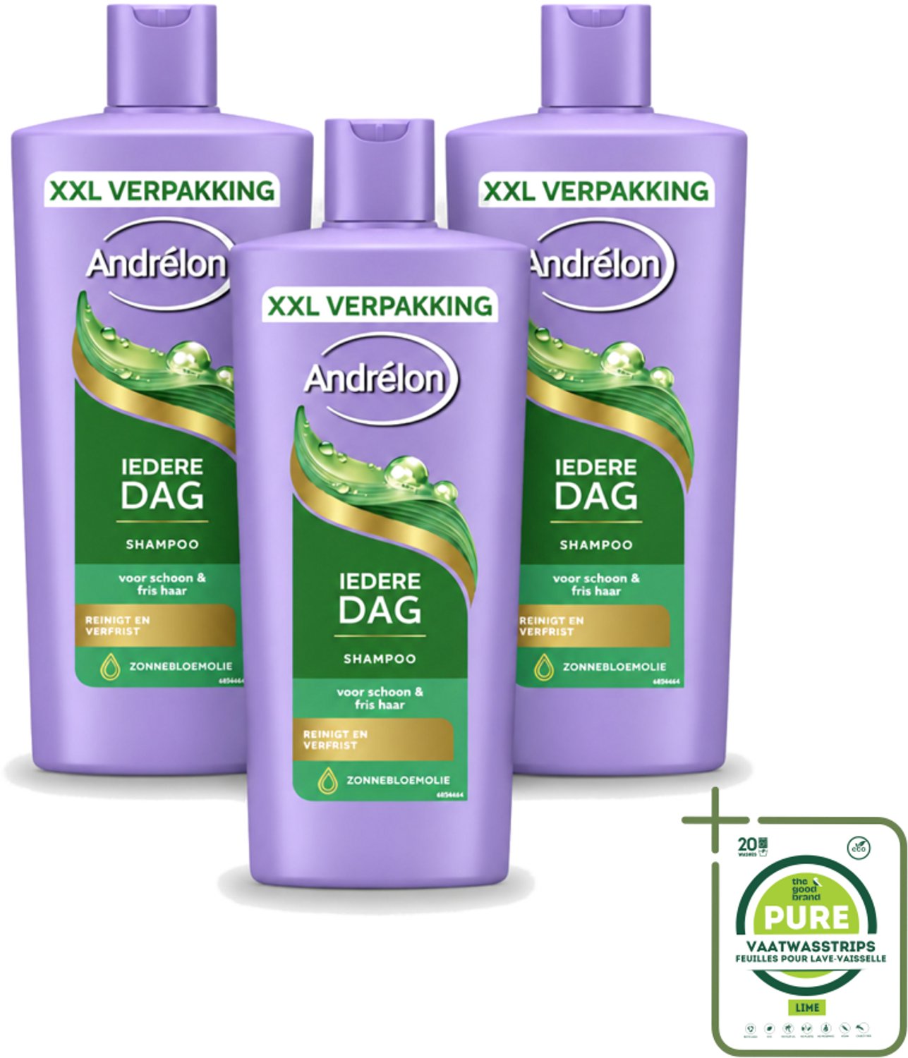 3 x Andrélon – Shampoo – Iedere Dag – 685 ml - Grootverpakking - Vaatwasstrips - Dagelijks Haarwassen - Zachte Shampoo - Frisse Haarreiniging - Zonnebloemolie - Haarverzorging