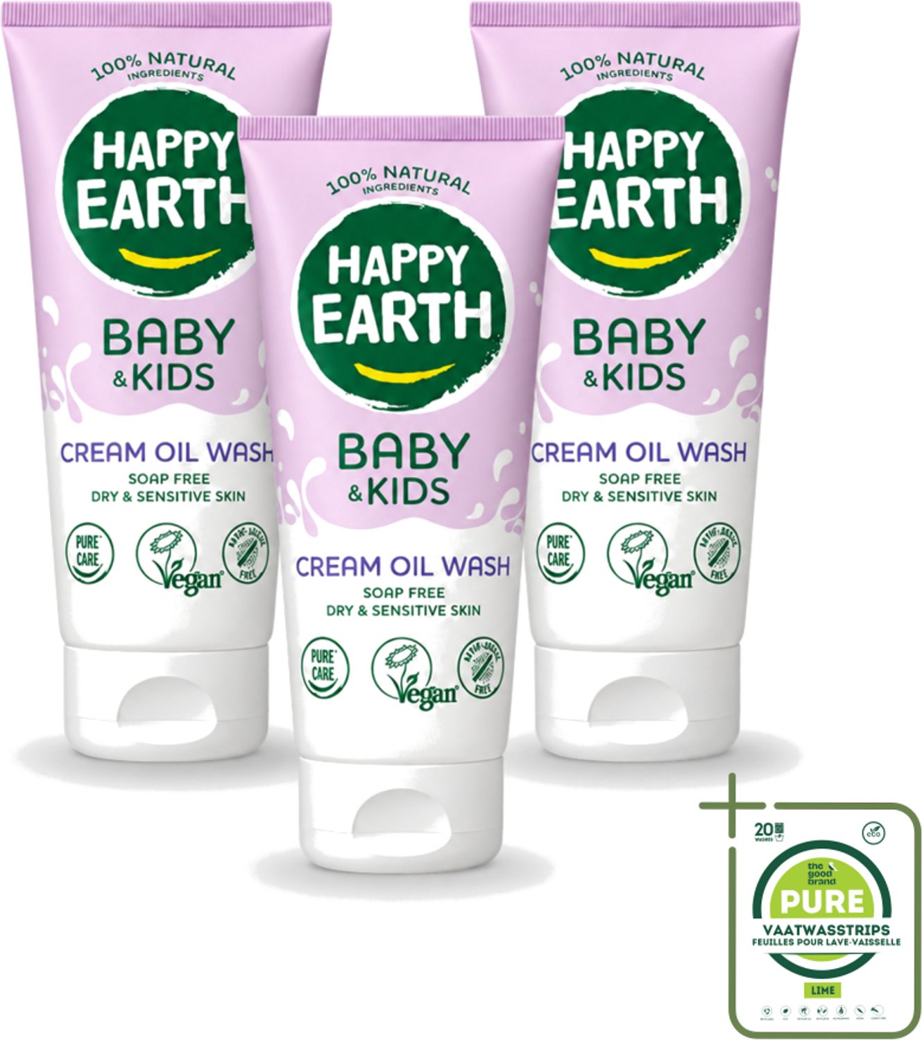 3 x Happy Earth – Cream Oil Wash – 100% Natuurlijk Baby & Kids – 200 ml - Grootverpakking - Vaatwasstrips - Babyolie - Gezichtsolie - Lichaamsoil - Natuurlijke Babyolie - Gezicht En Lichaam Verzorging