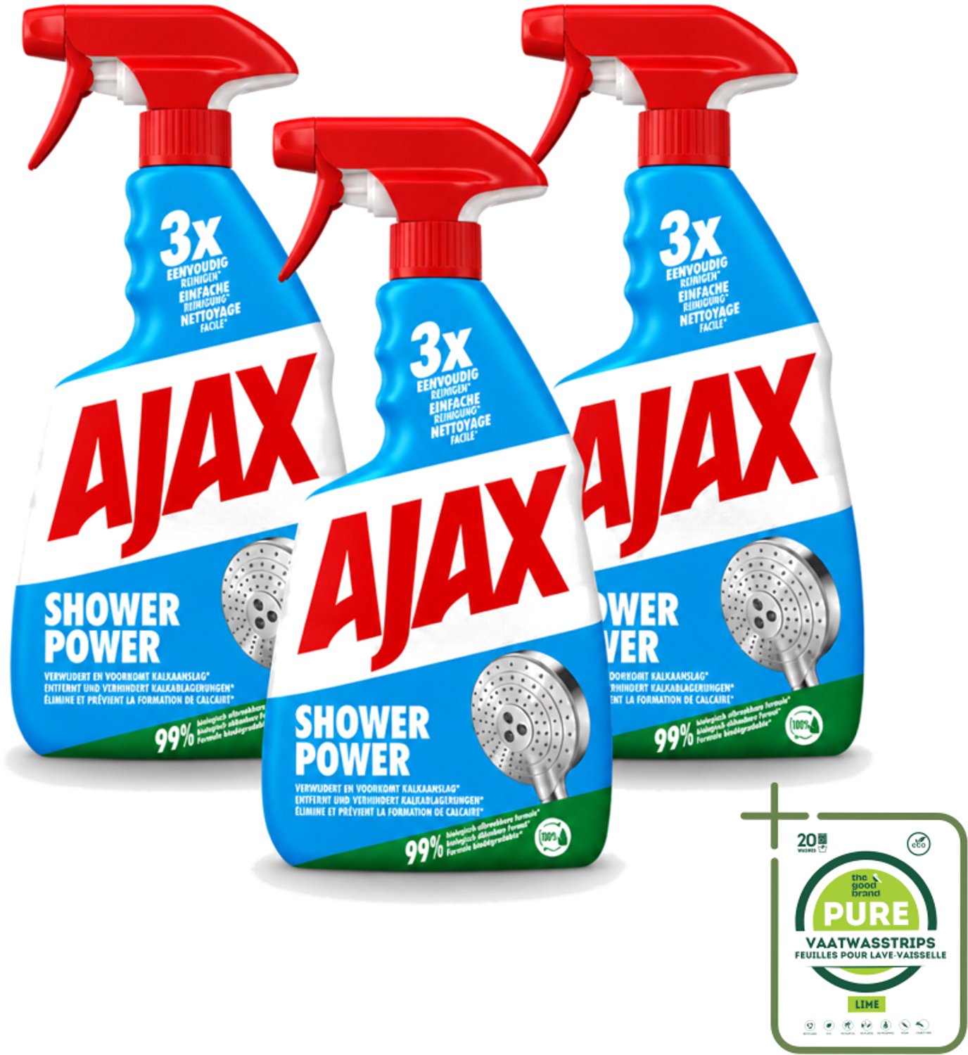 3 x Ajax – Spray – Shower Power – 750 ml - Grootverpakking - Vaatwasstrips - Badkamer Reinigen - Kalkaanslag Verwijderen - Zeepresten Verwijderen - Douche Reinigen - Badkamer Schoon Houden