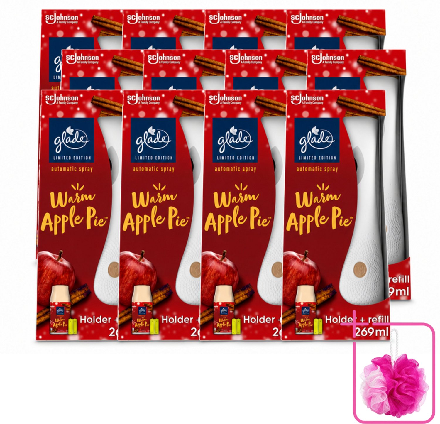 12 x Glade - Houder Automatische Spray - Warme Appeltaart Limited Edition - 269 ml - Bulkverpakking - Warm apple pie geur - Douchemop - Automatische geur
