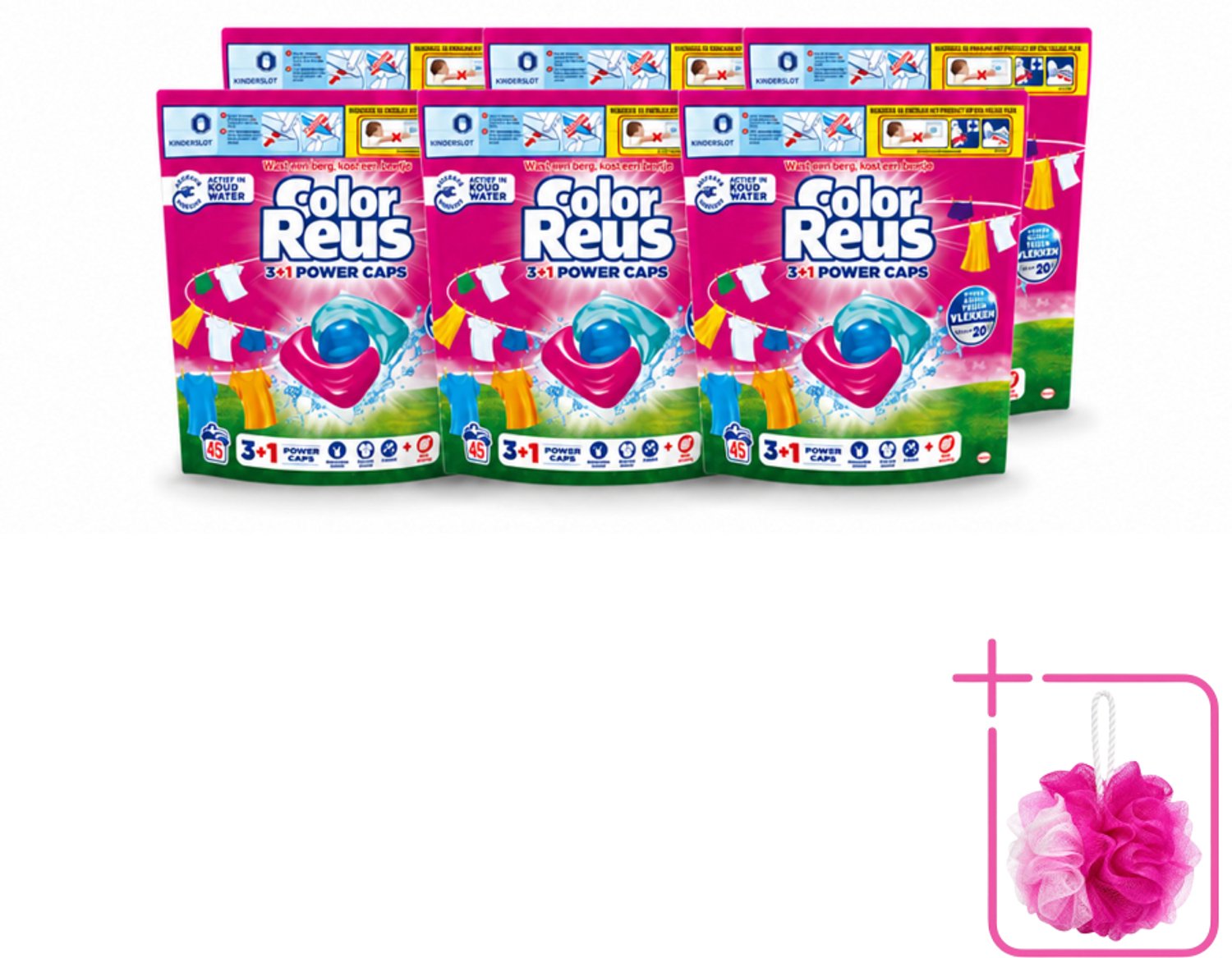6 x Color Reus - 3+1 Power Caps - Gekleurde Was - 45 Wasbeurten - Bulkverpakking - Was capsules - Douchemop - Gekleurde was