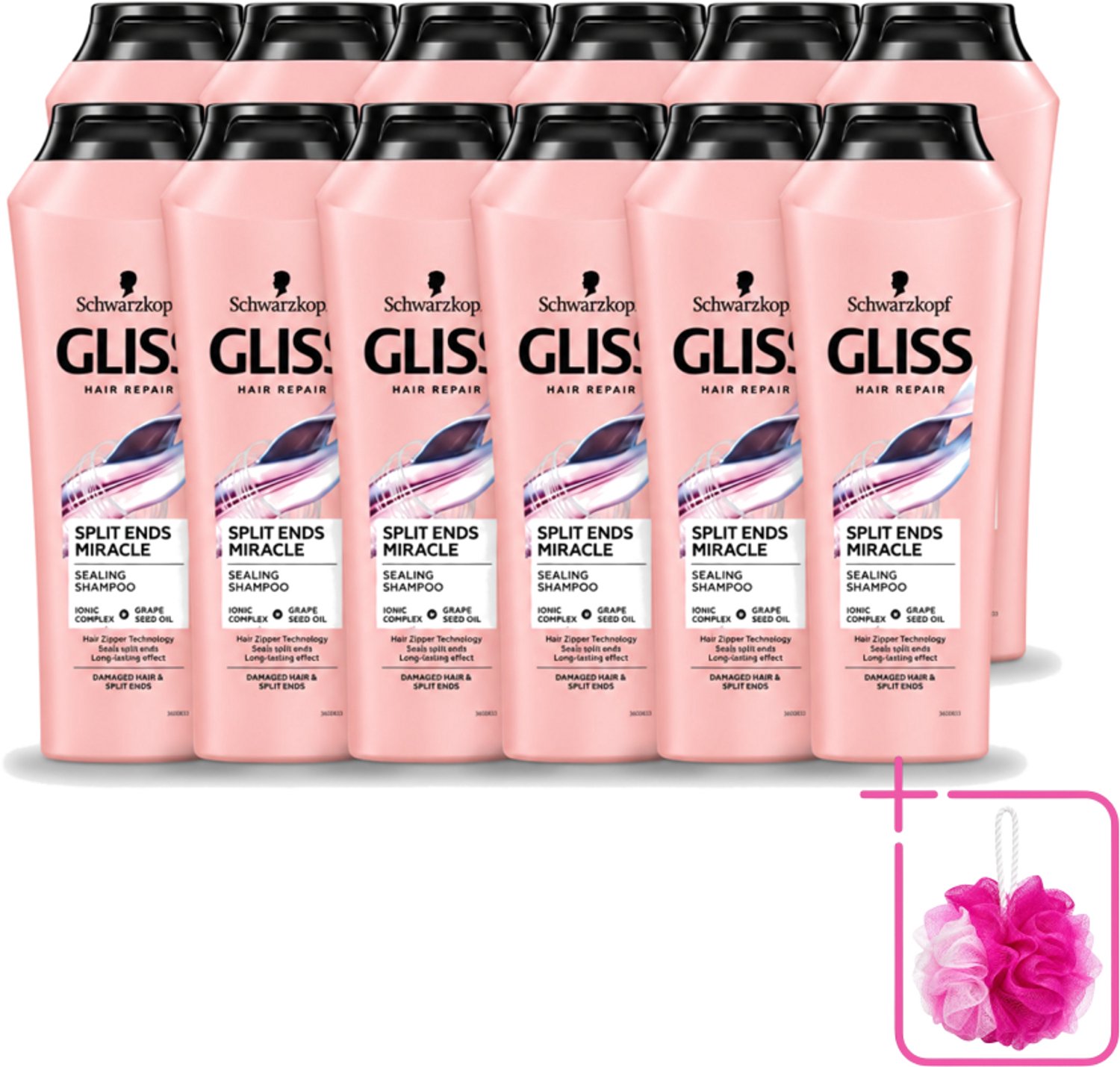12 x Gliss - Shampoo - Split Hair Miracle - Voor Beschadigd Haar - 250 ml - Bulkverpakking - Gespleten haarpunten - Douchemop - Haarherstel
