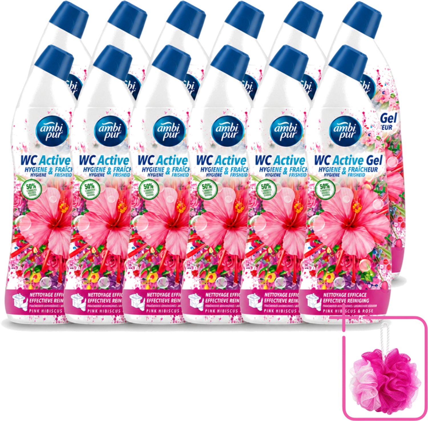 12 x Ambi Pur - Toiletreiniger - WC Active Gel - Hibiscus & Roos - 750 ml - Bulkverpakking - Toiletreiniger - Douchemop - Wc reinigen