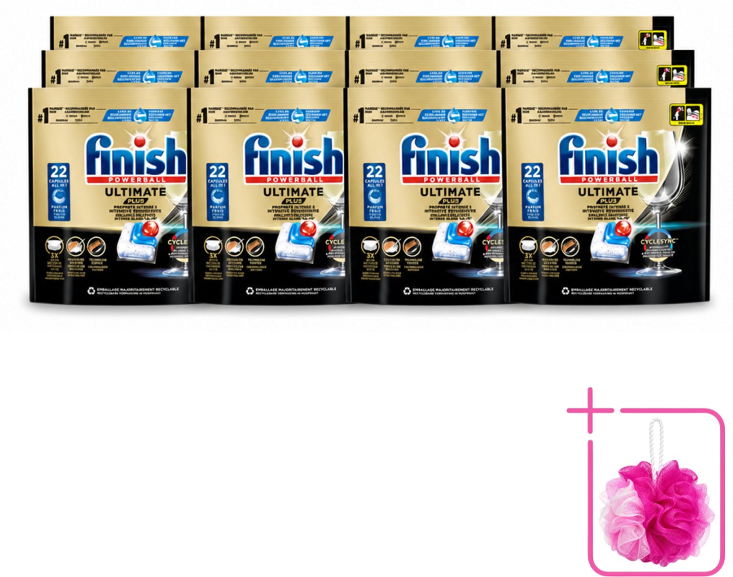 12 x Finish - Vaatwasmiddel - Ultimate Plus Vaatwastabletten Regular - Krachtige Alles-in-1 Reiniging - 22 capsules - Bulkverpakking - Vaatwastabletten - Douchemop - Vaatwasmachine
